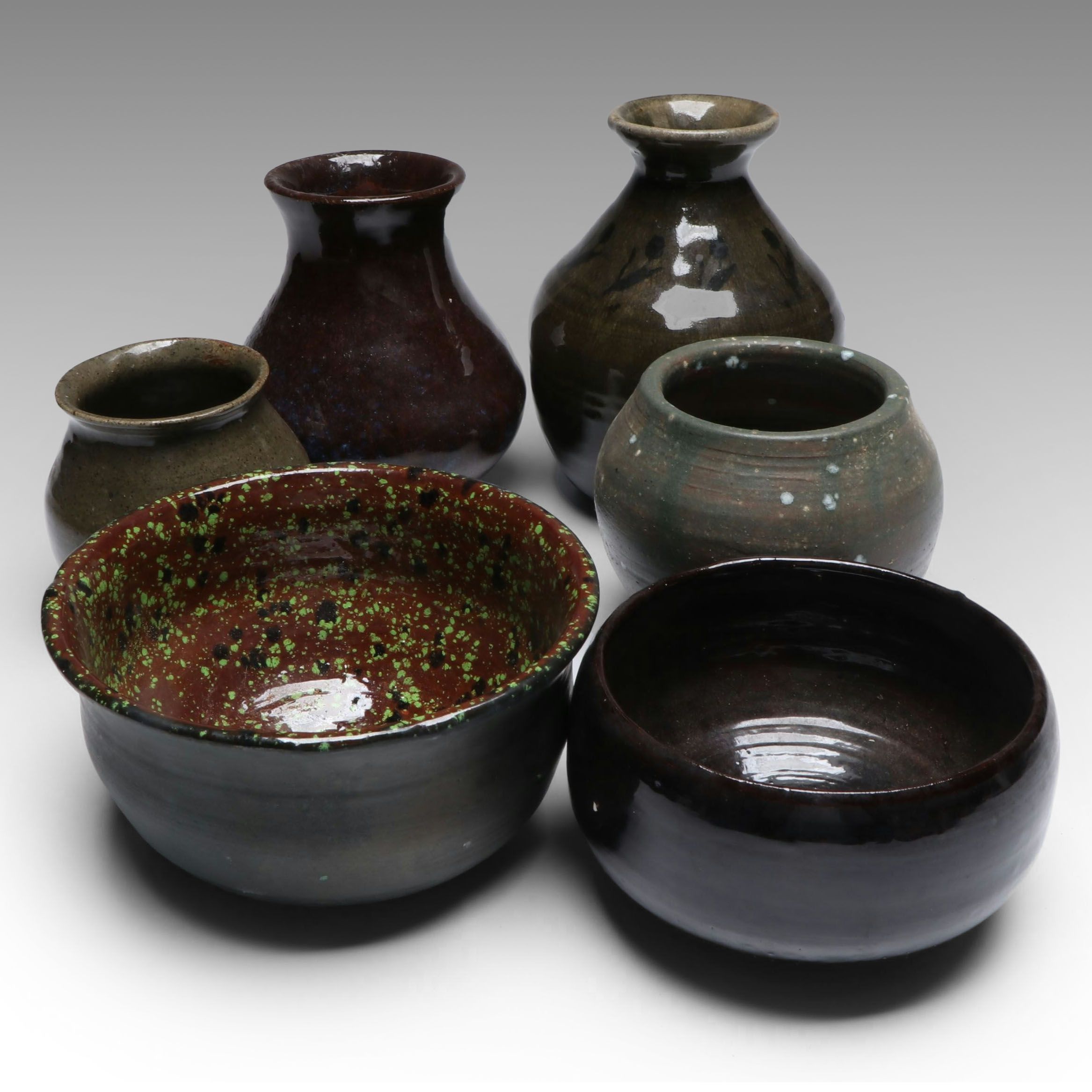 Stamped, Speckled and Other Studio Art Pottery Vases and Bowls