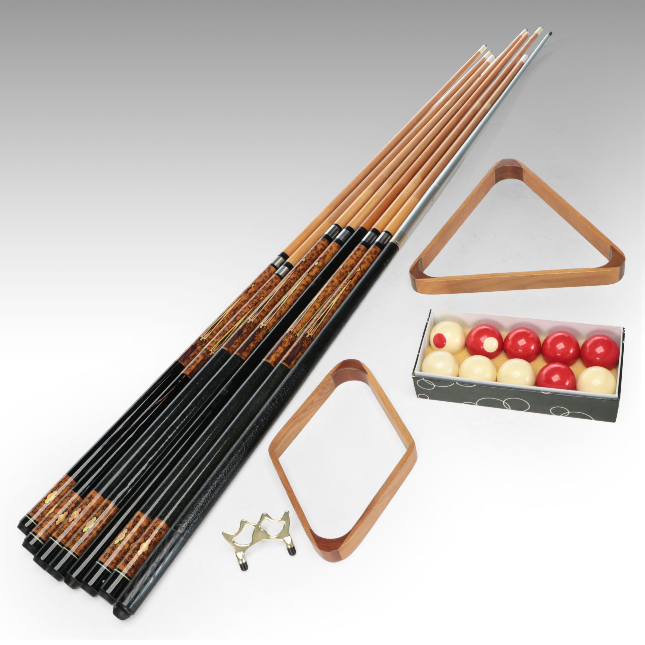 Lacquerware Billiards Cues, Wooden Triangle Rack, and More Billiards Accessories