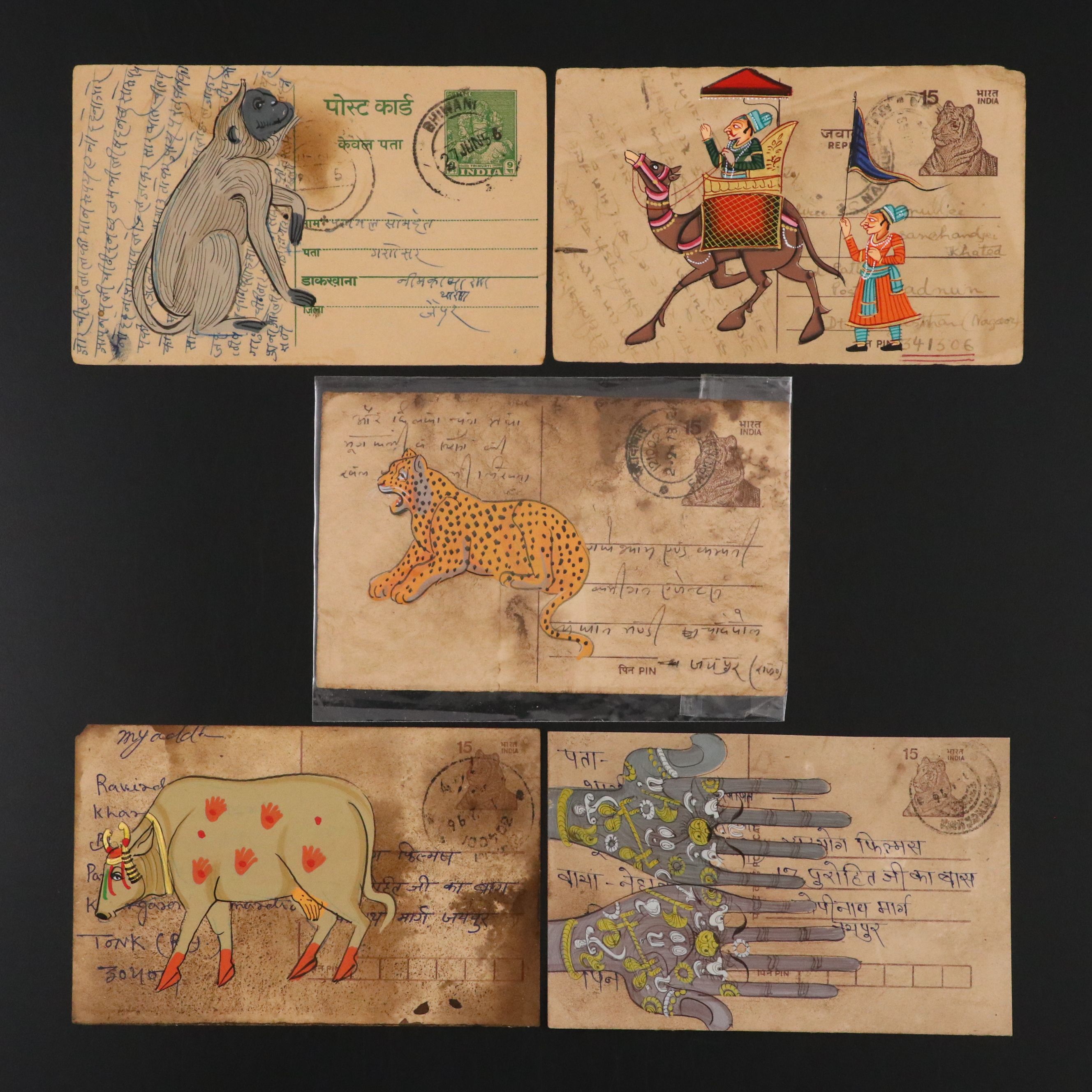 Vintage Indian Rajasthani Miniature Gouache Paintings on Postcards, Mid-20th C.