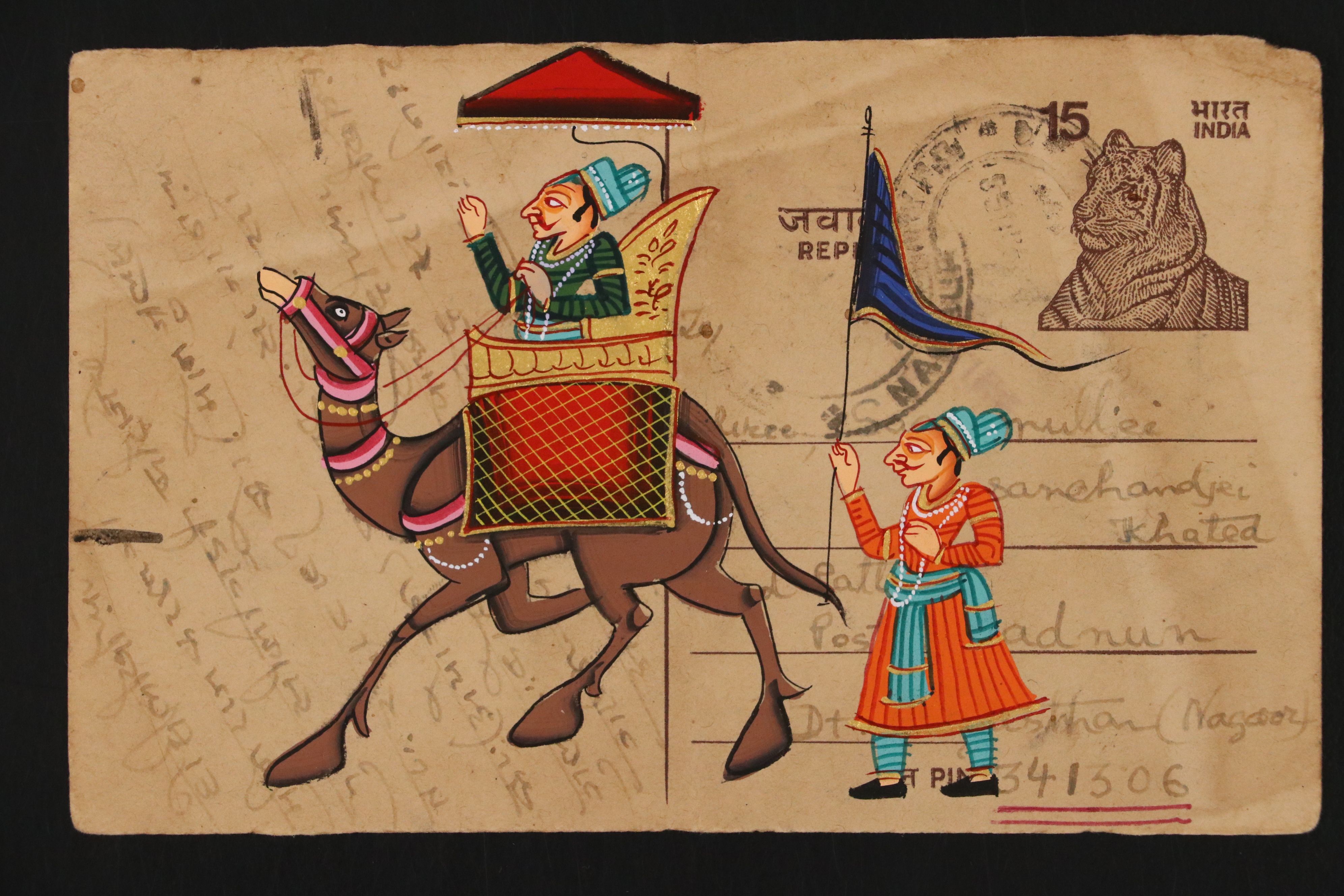 Vintage Indian Rajasthani Miniature Gouache Paintings on Postcards, Mid-20th C.