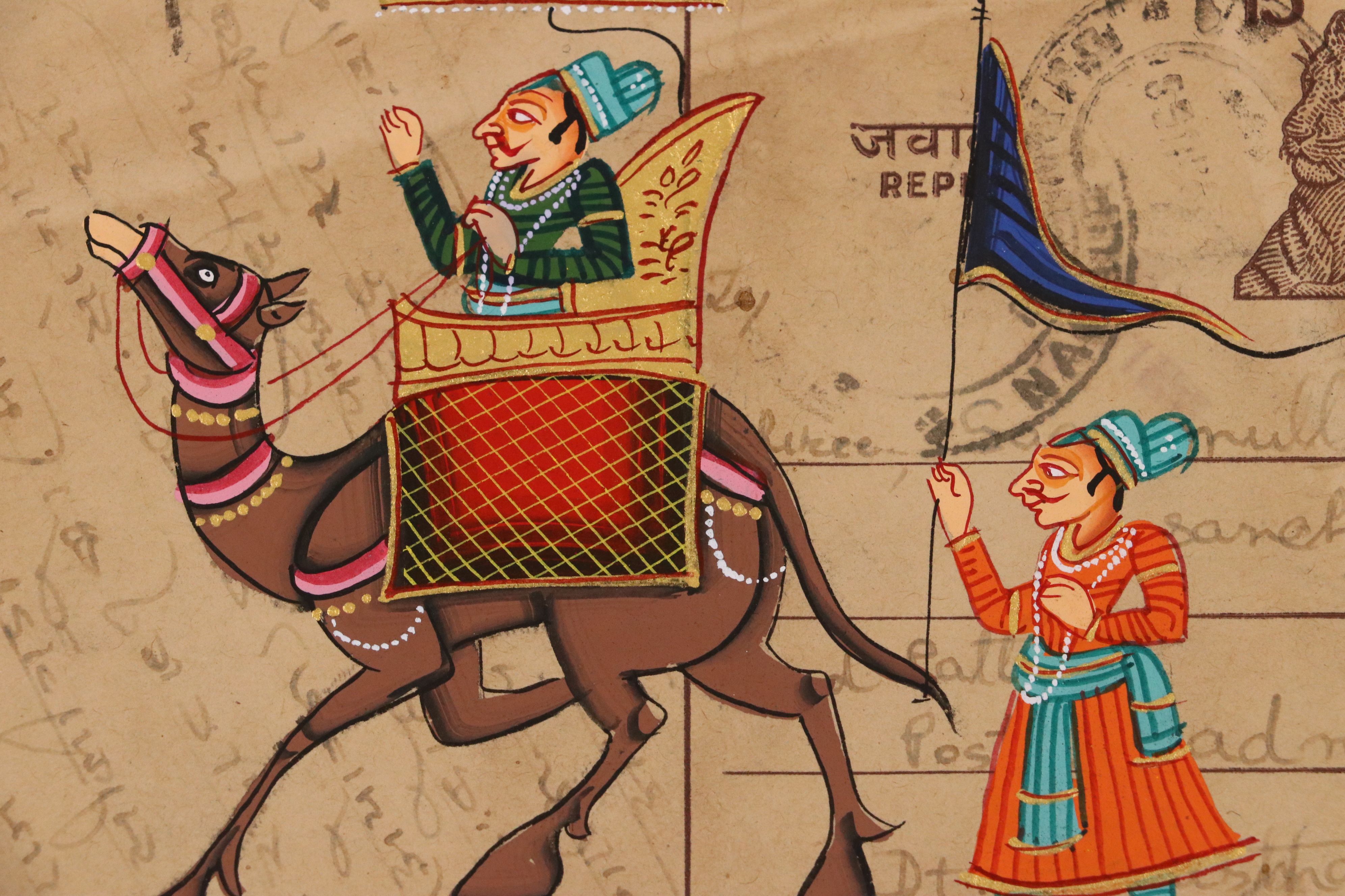 Vintage Indian Rajasthani Miniature Gouache Paintings on Postcards, Mid-20th C.