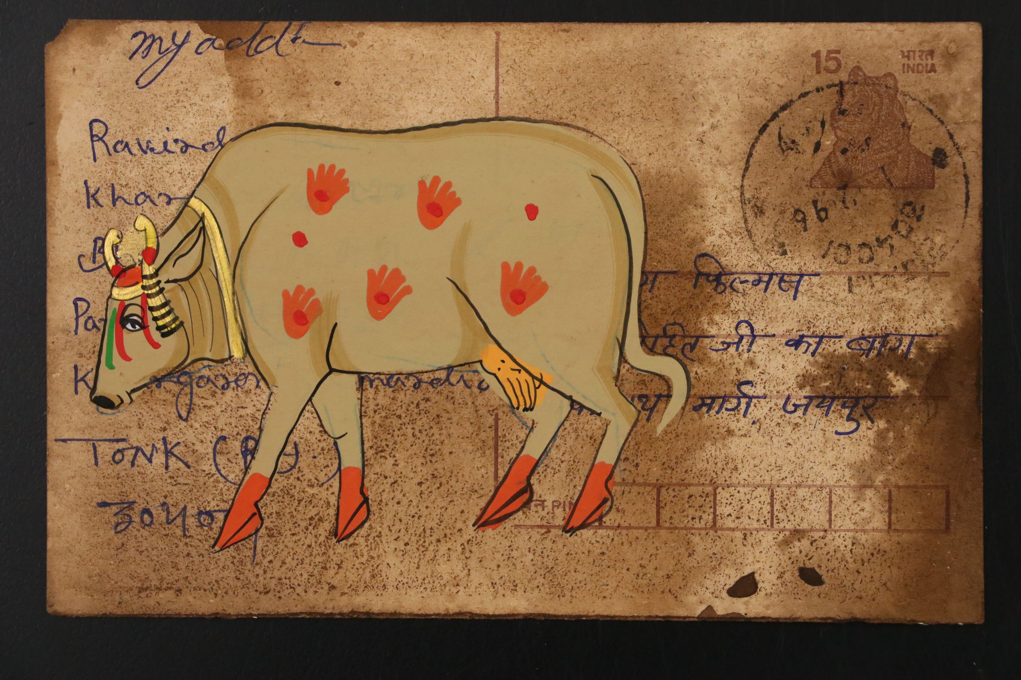 Vintage Indian Rajasthani Miniature Gouache Paintings on Postcards, Mid-20th C.