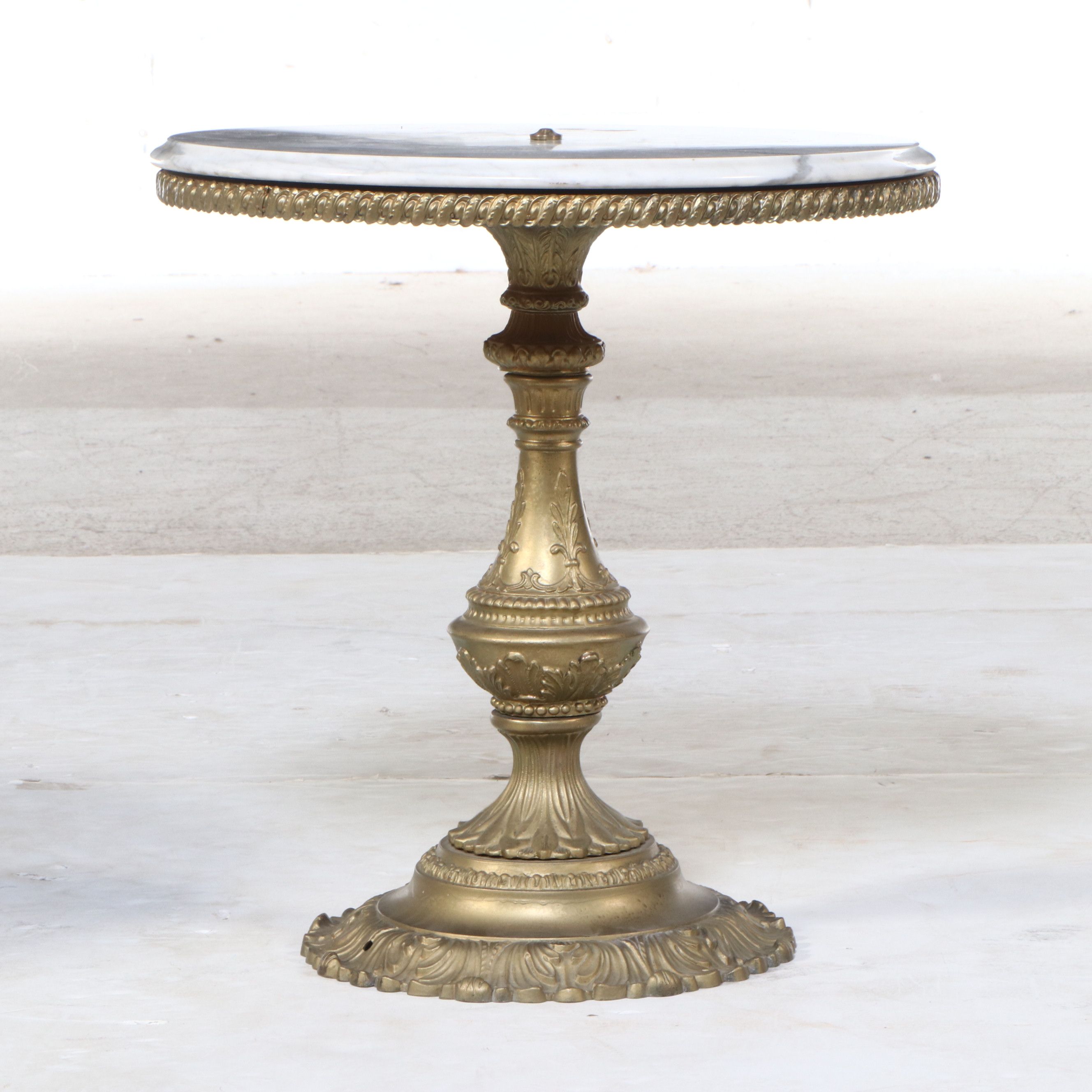 Baroque Style Brass Pedestal Accent Tables with Marble Tops