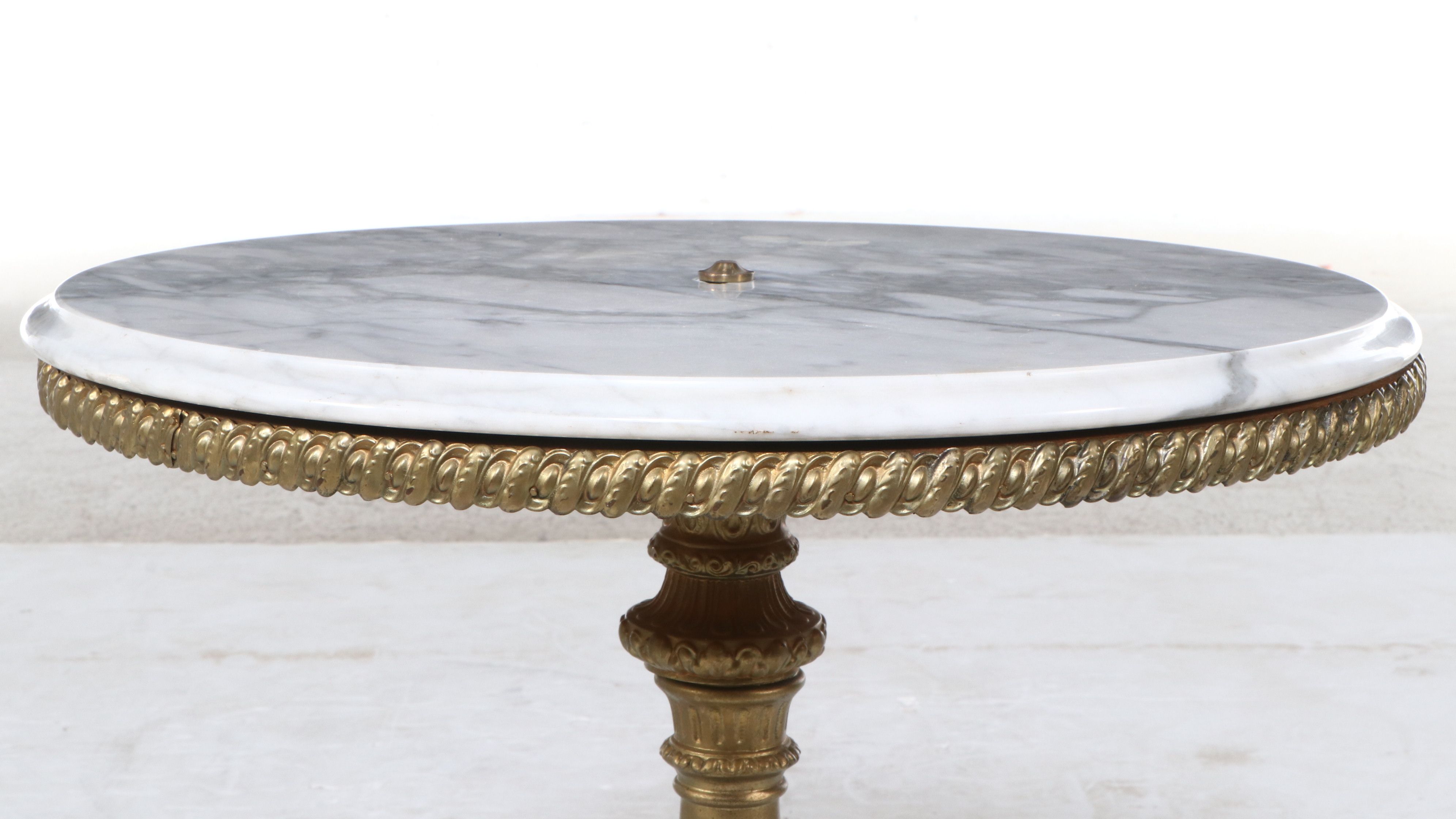 Baroque Style Brass Pedestal Accent Tables with Marble Tops