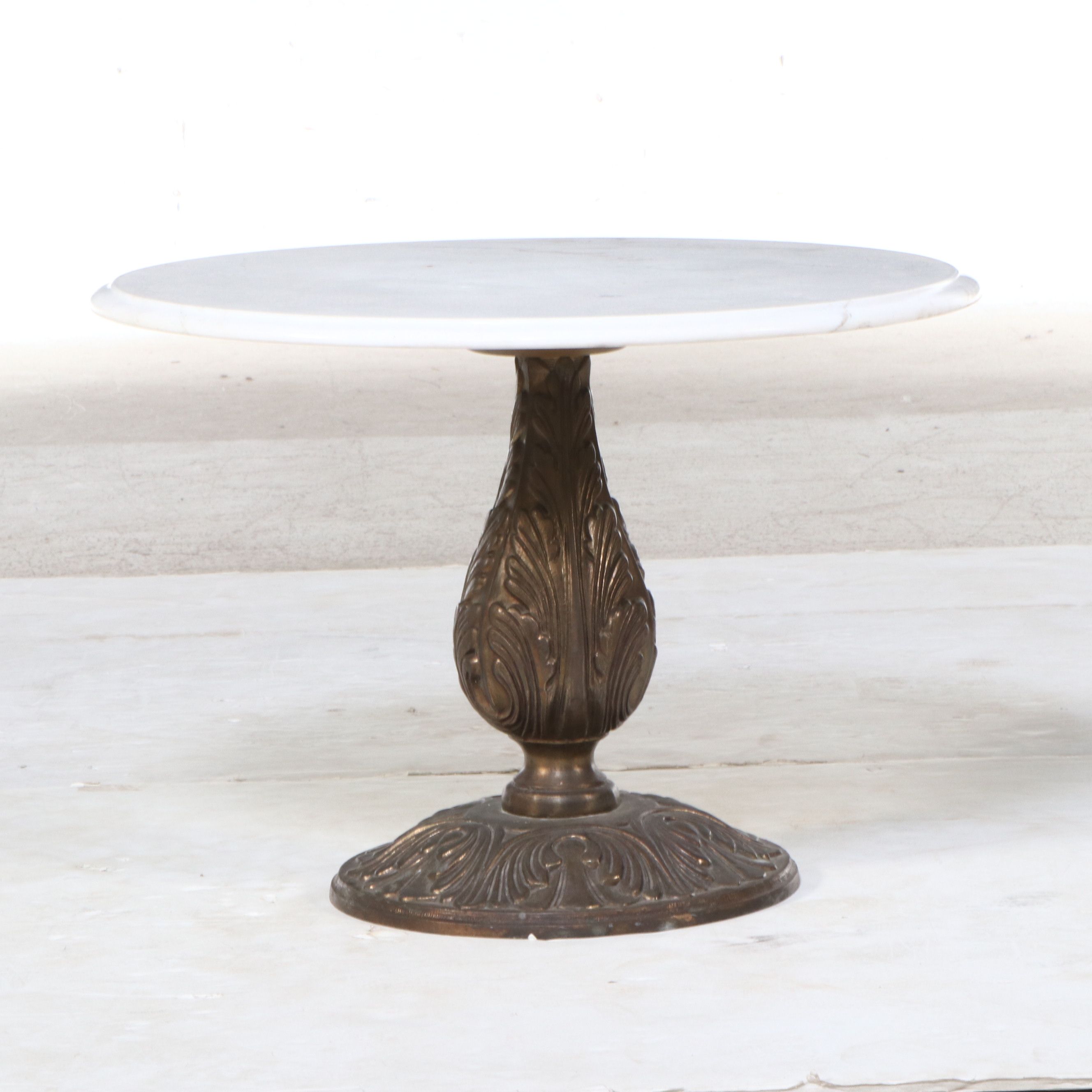 Baroque Style Brass Pedestal Accent Tables with Marble Tops