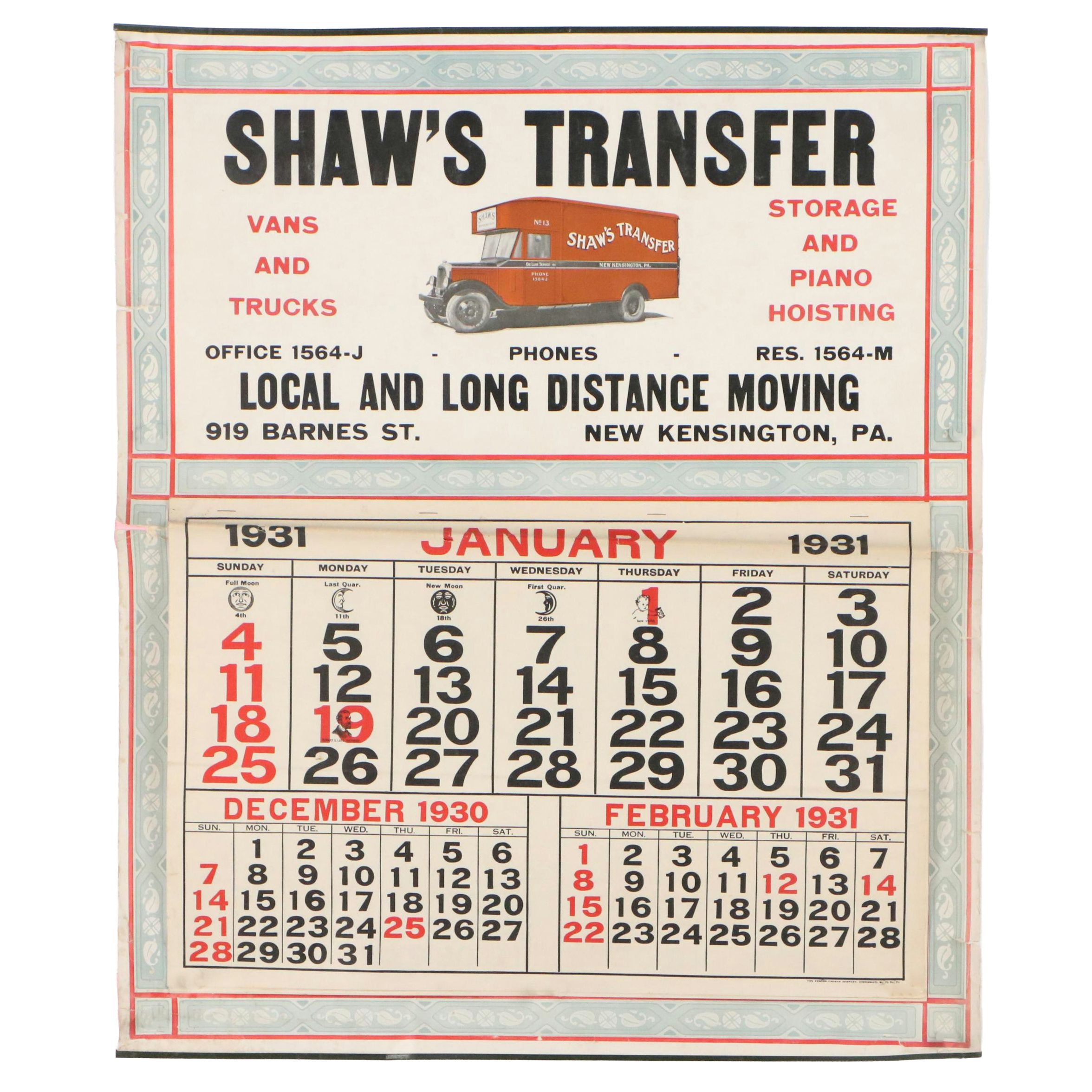 Shaw's Transfer Letterpress Halftone Printed Advertisement Calendar, 1931