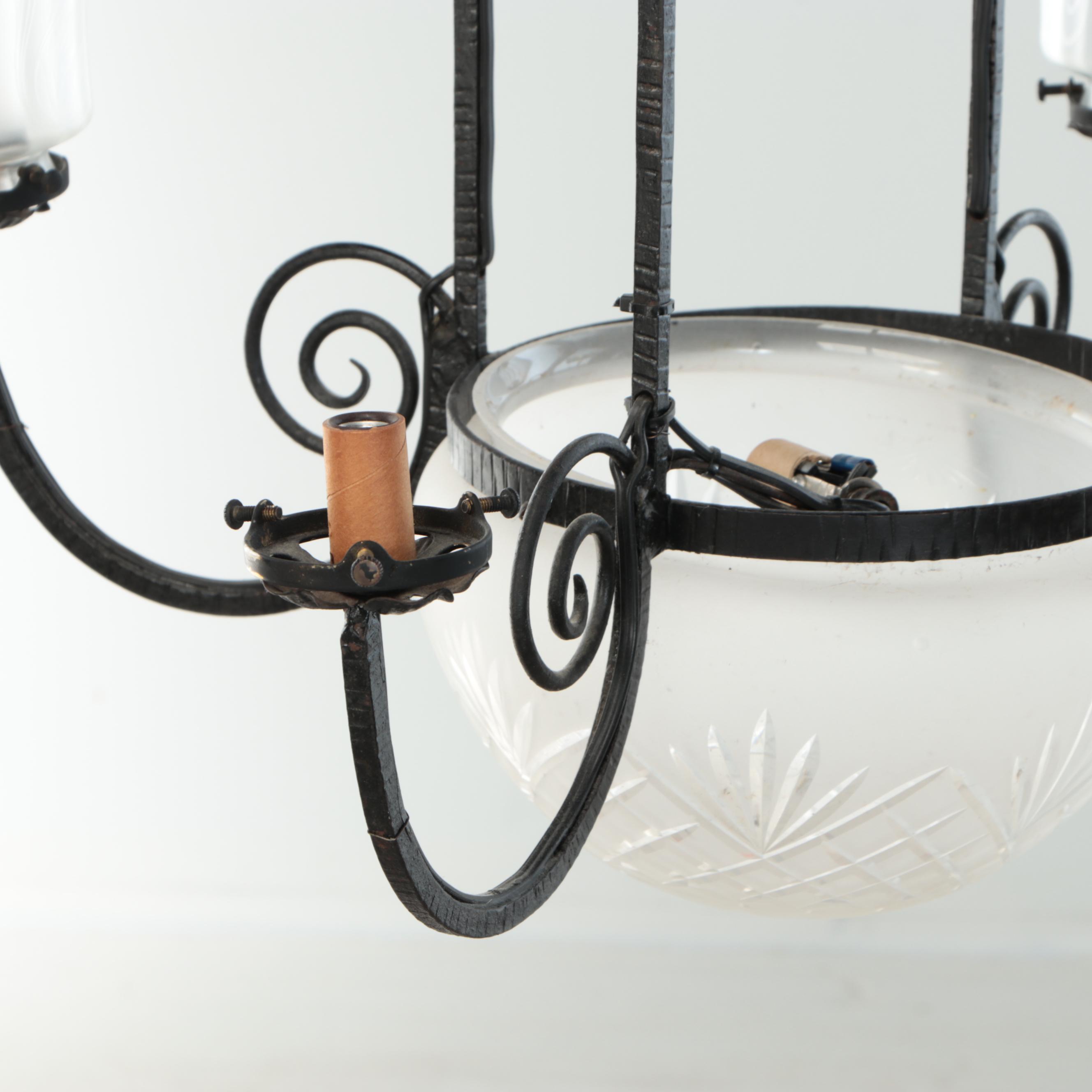 French Art Deco Wrought Iron Electric Chandelier in the Style of Muller Freres