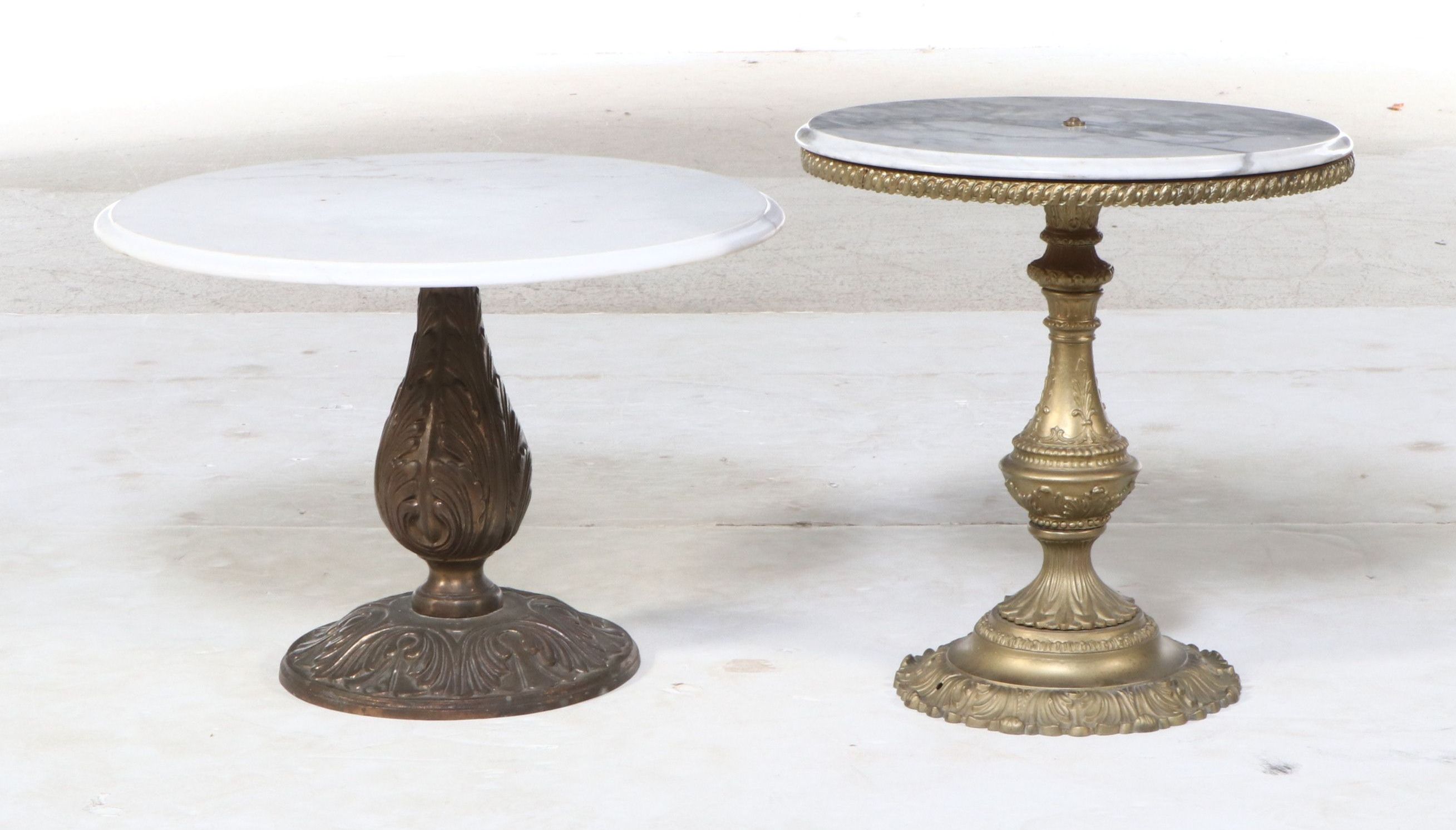Baroque Style Brass Pedestal Accent Tables with Marble Tops
