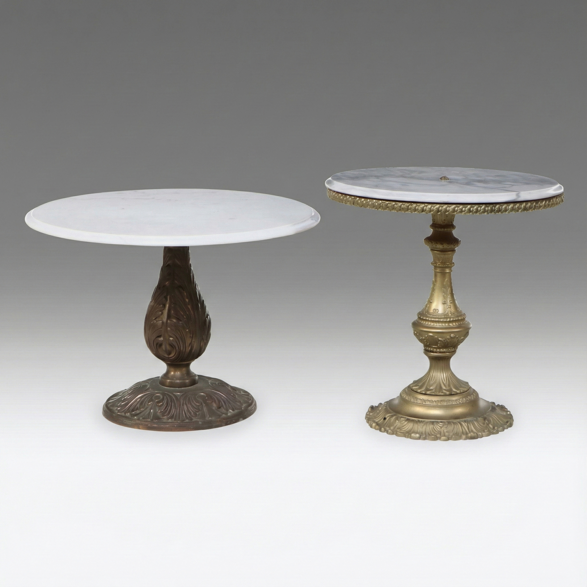 Baroque Style Brass Pedestal Accent Tables with Marble Tops