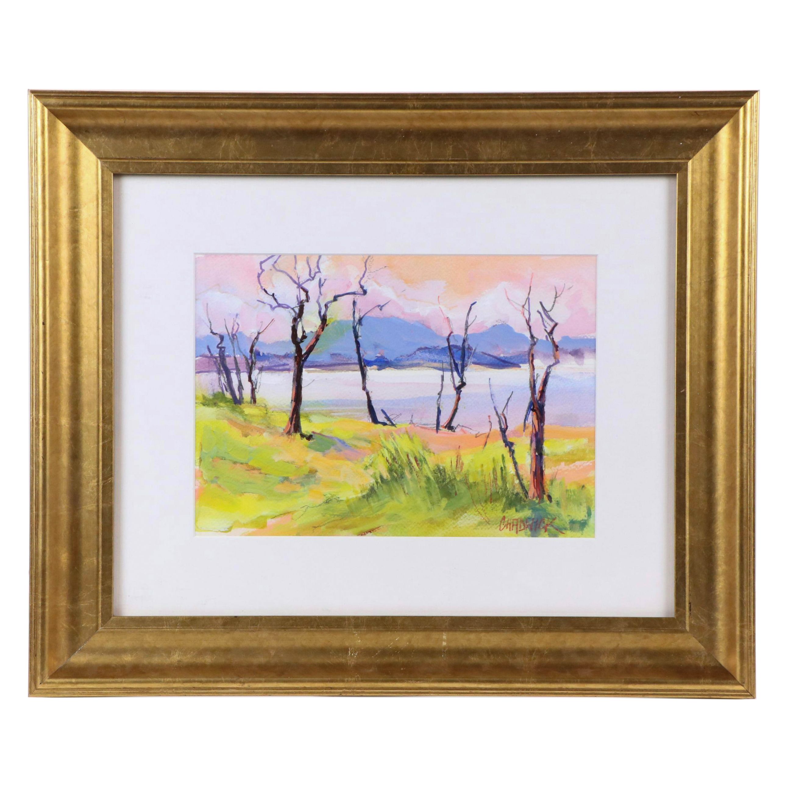 Oil Painting of Bare Trees on Lake's Edge, 21st Century