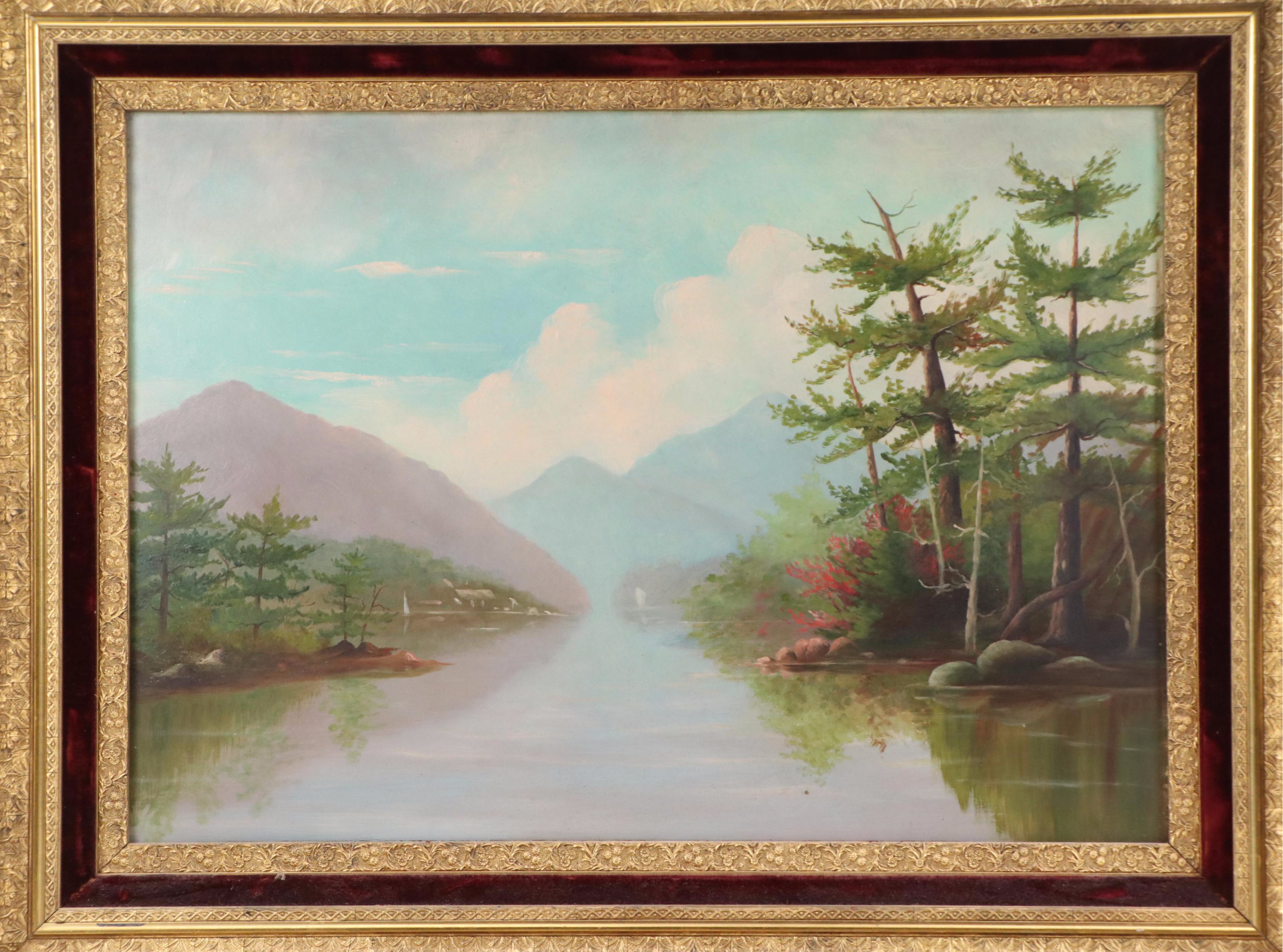 Oil Painting of Mountain Lake with Trees, Mid-20th Century