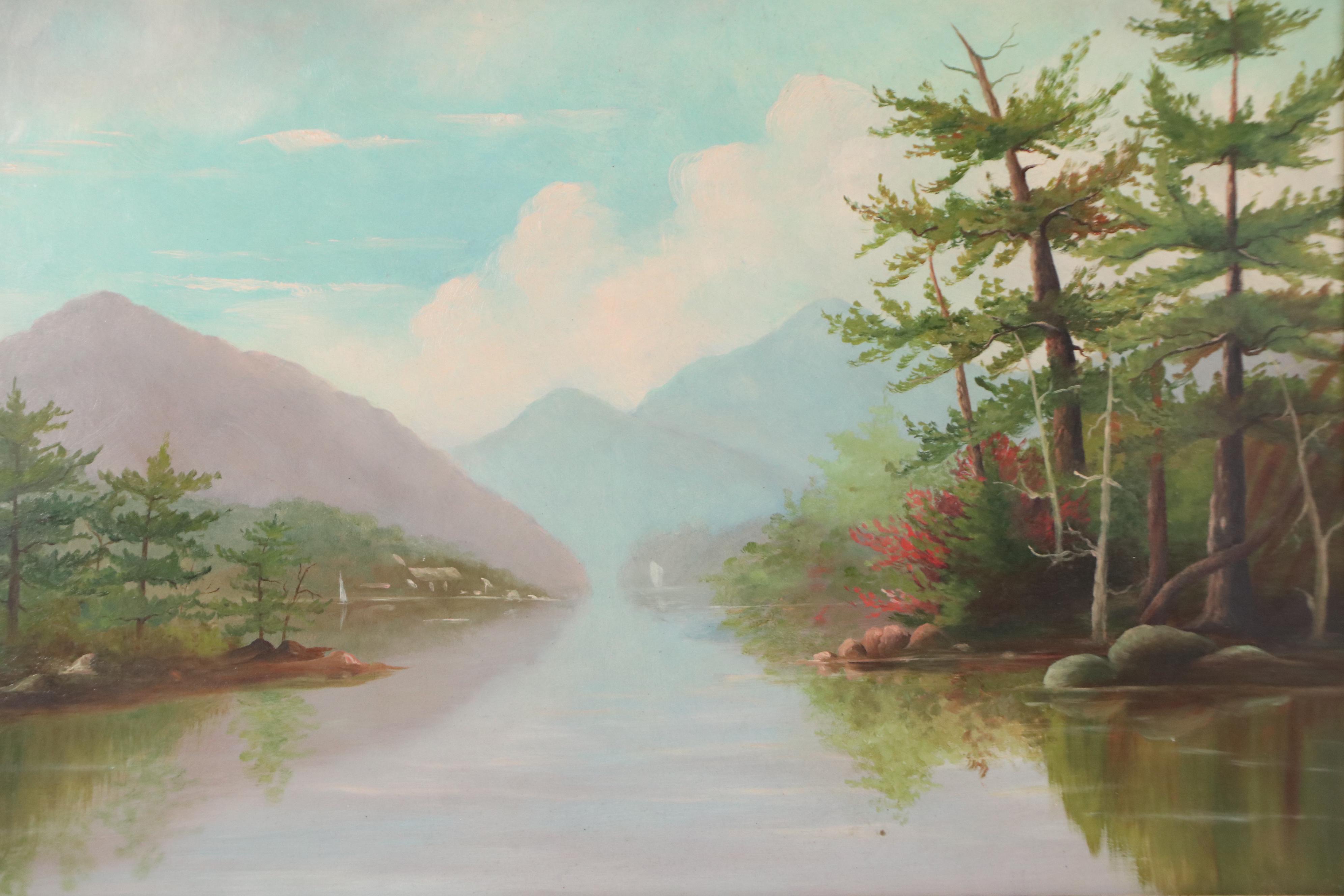 Oil Painting of Mountain Lake with Trees, Mid-20th Century
