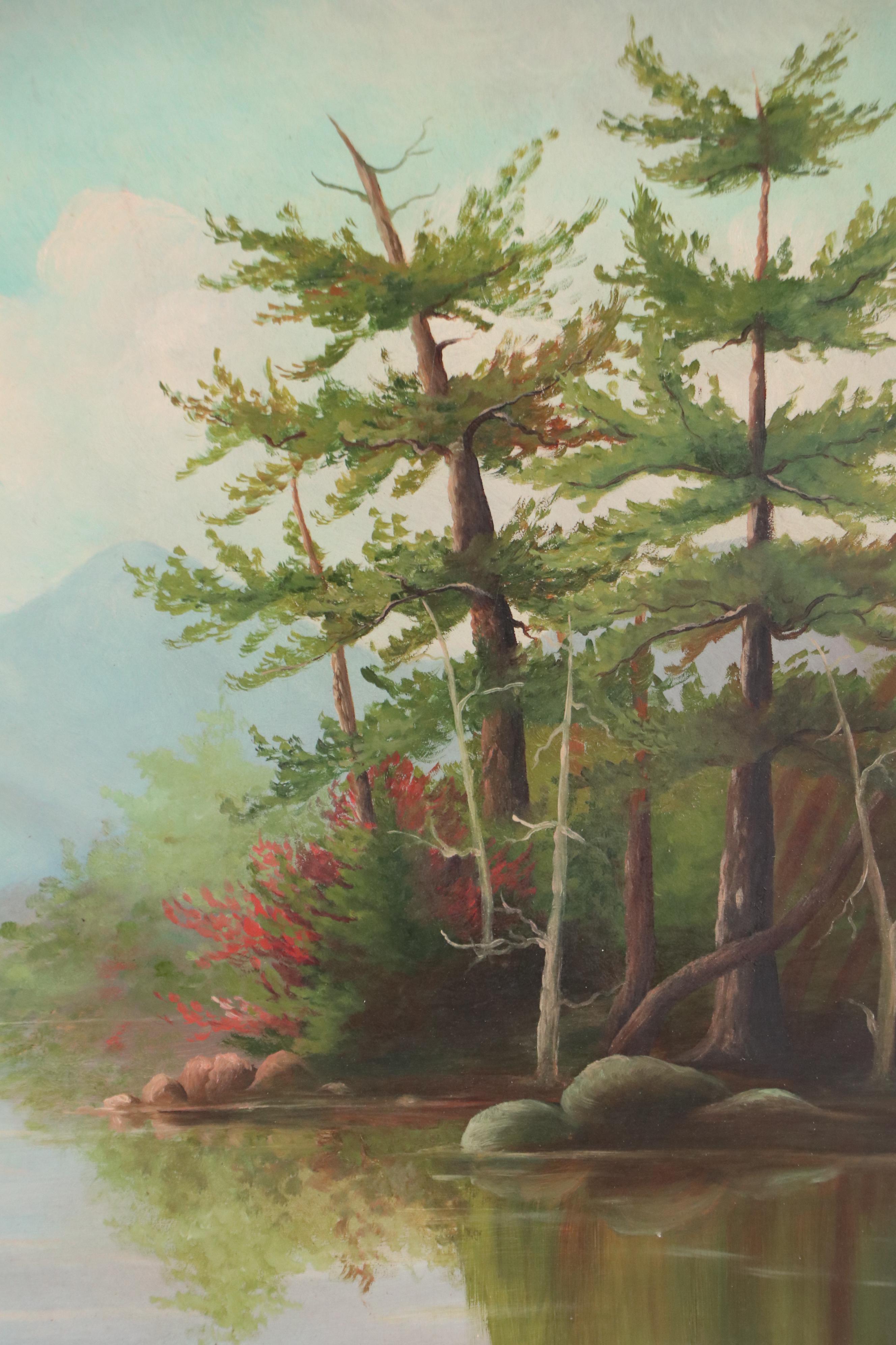 Oil Painting of Mountain Lake with Trees, Mid-20th Century