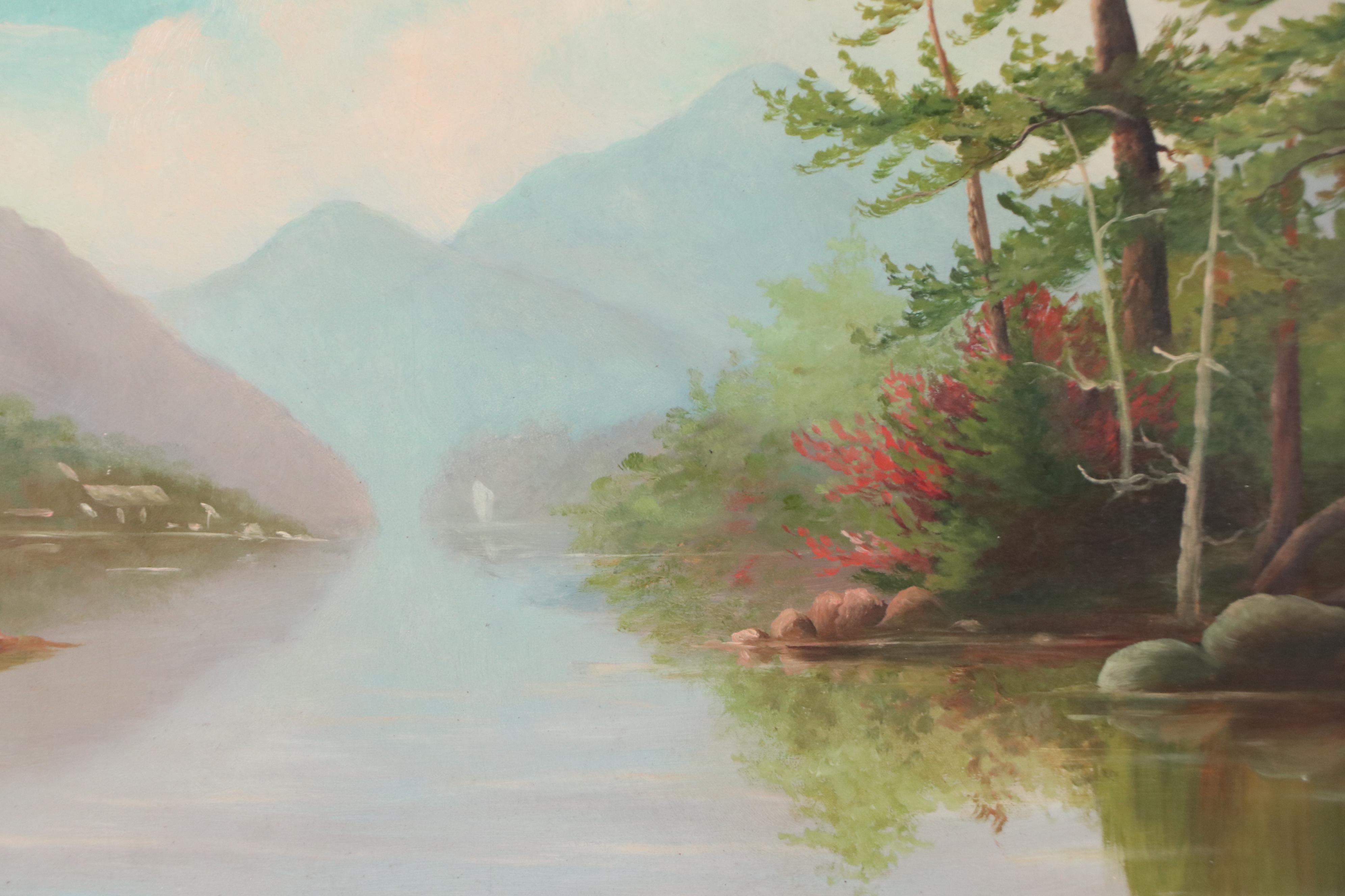 Oil Painting of Mountain Lake with Trees, Mid-20th Century