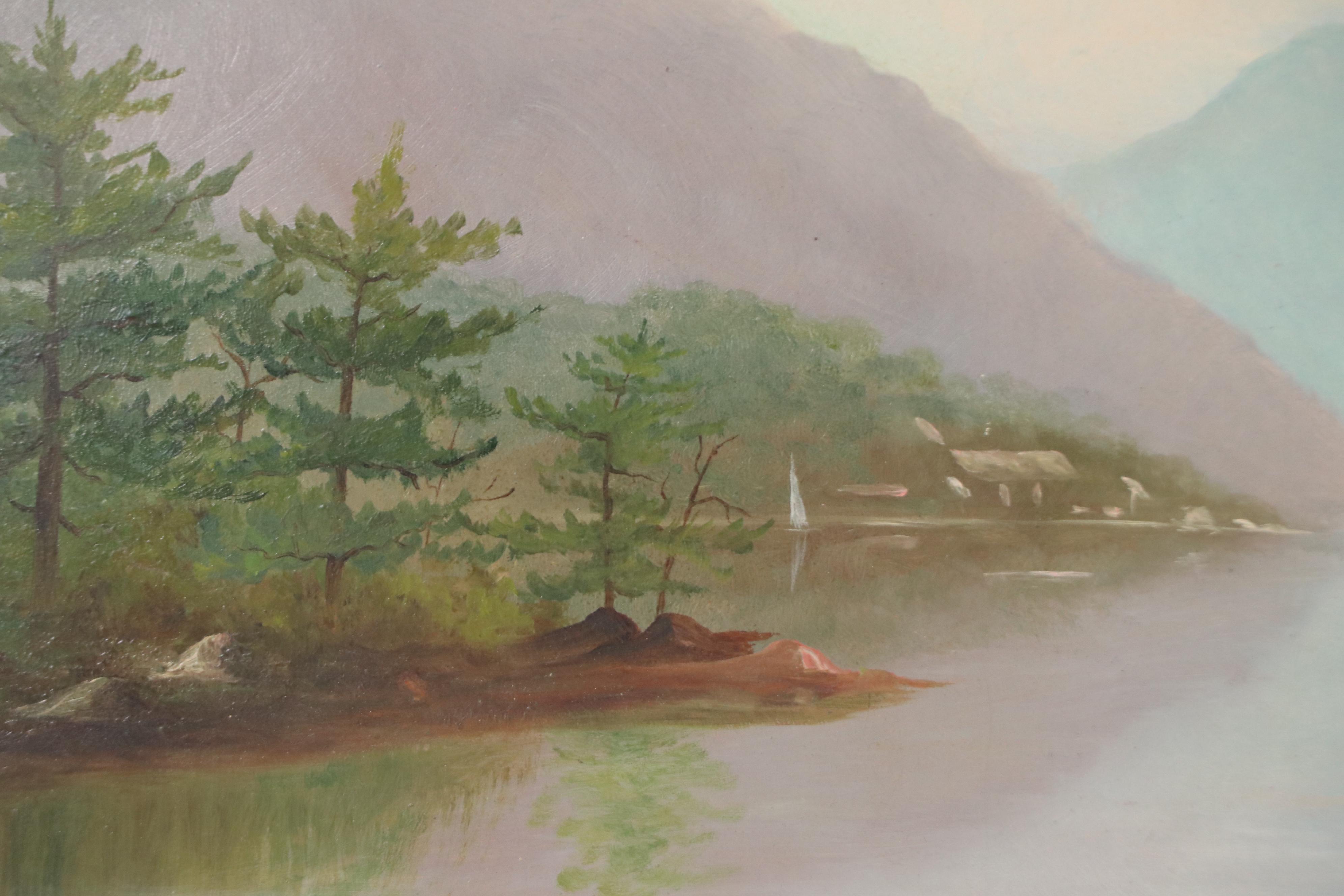 Oil Painting of Mountain Lake with Trees, Mid-20th Century