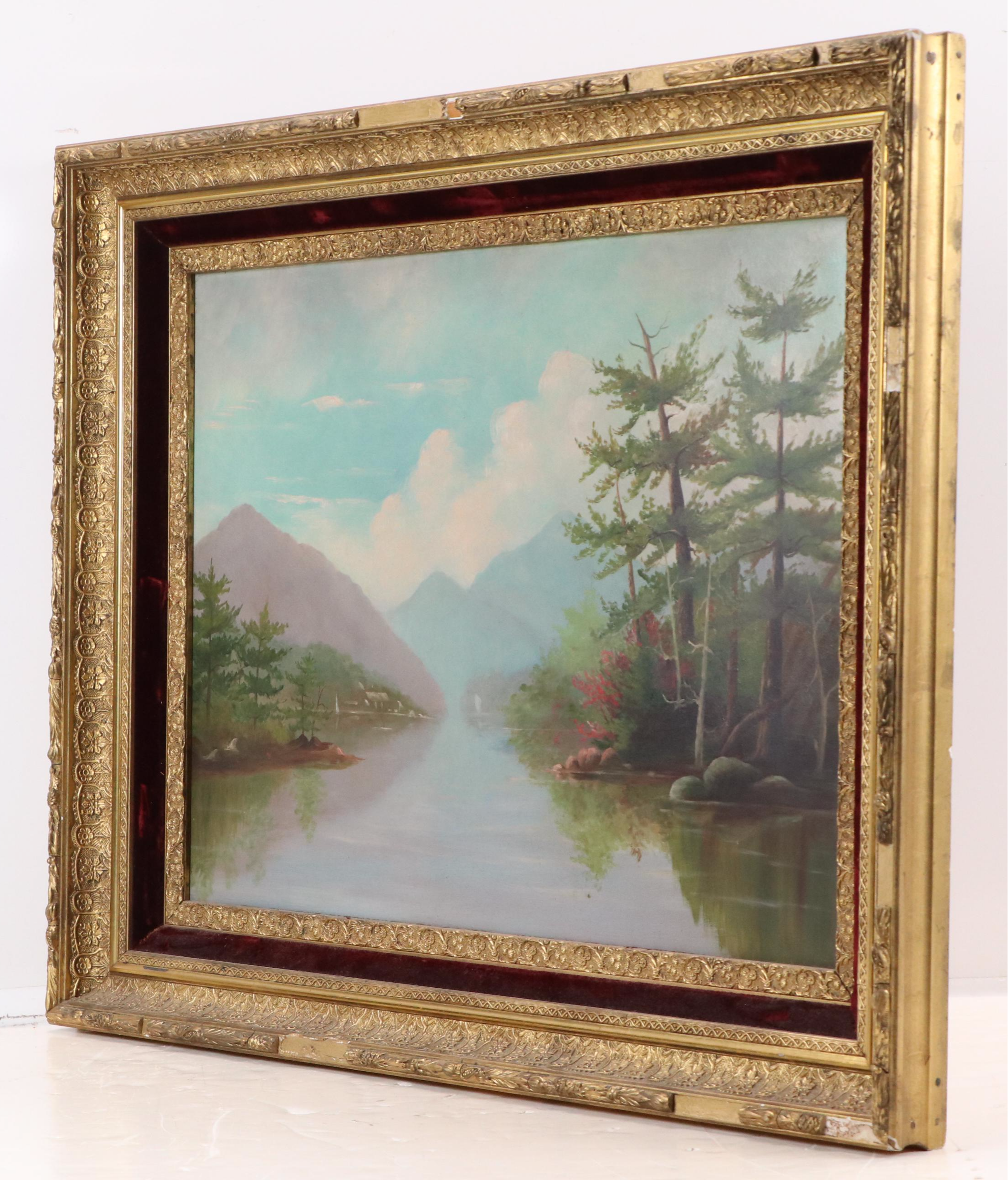 Oil Painting of Mountain Lake with Trees, Mid-20th Century