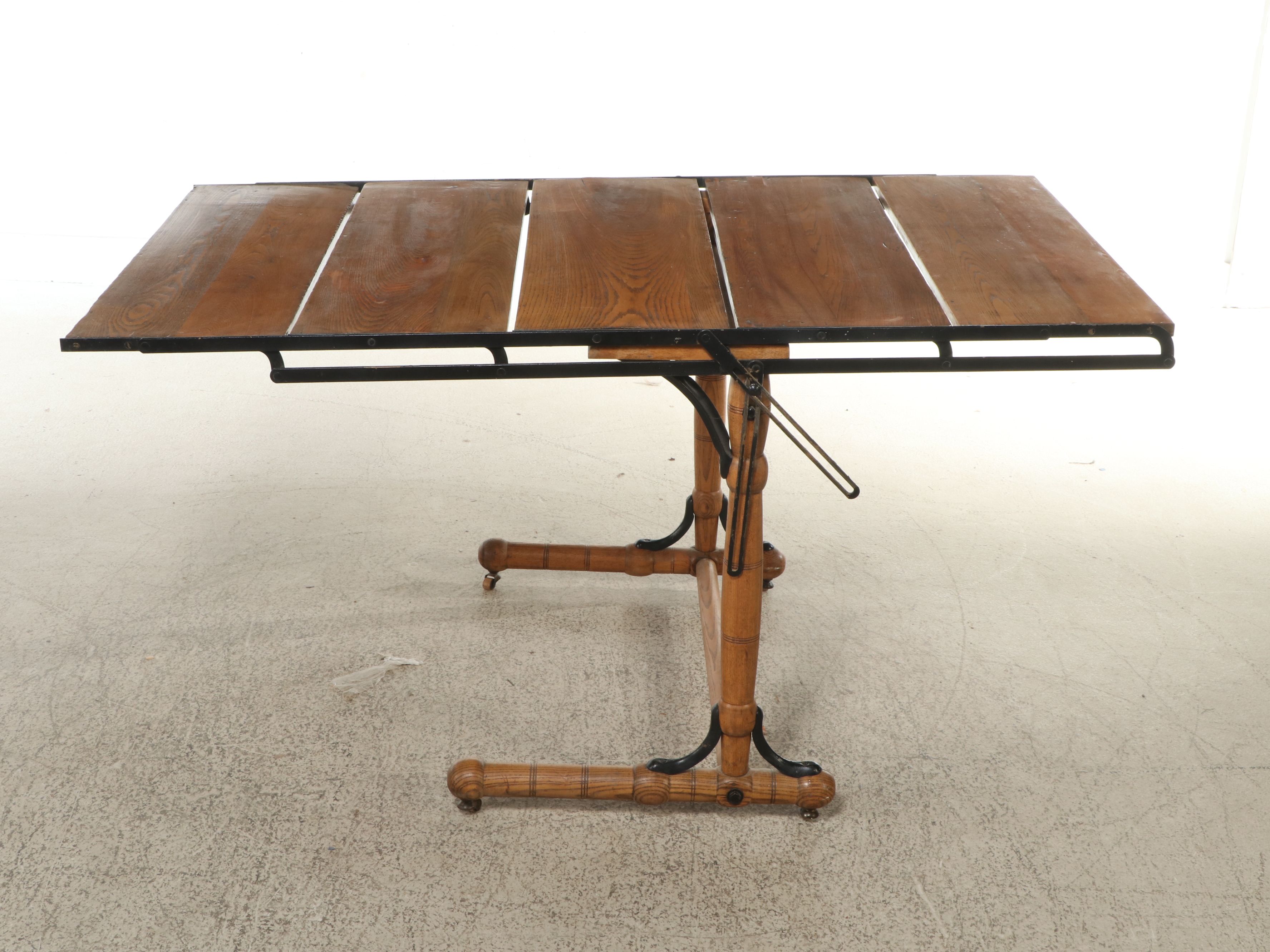 Vintage Industrial Iron Framed Oak Open Baker's Rack/Table on Casters