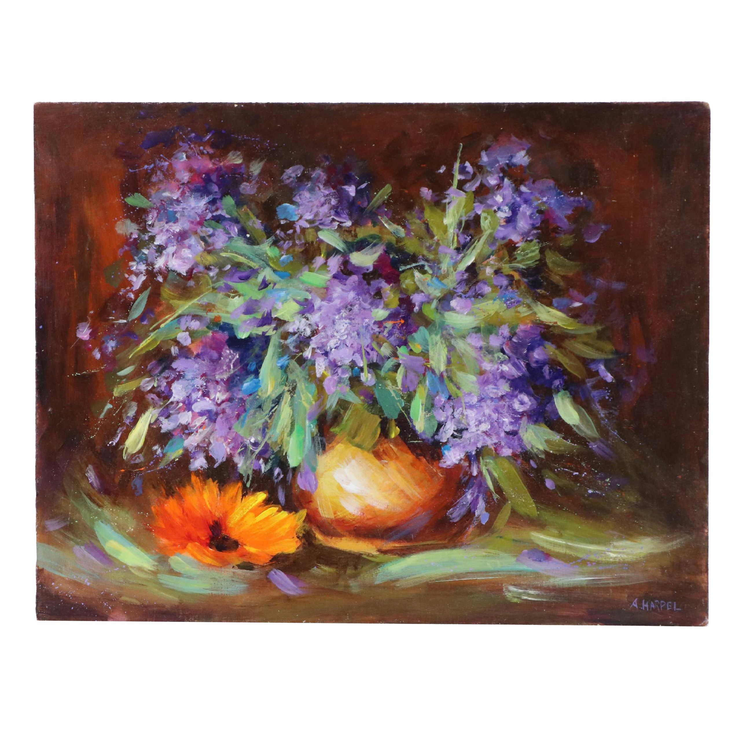 Alice Harpel Oil Painting of Purple Floral Still Life, Late 20th Century