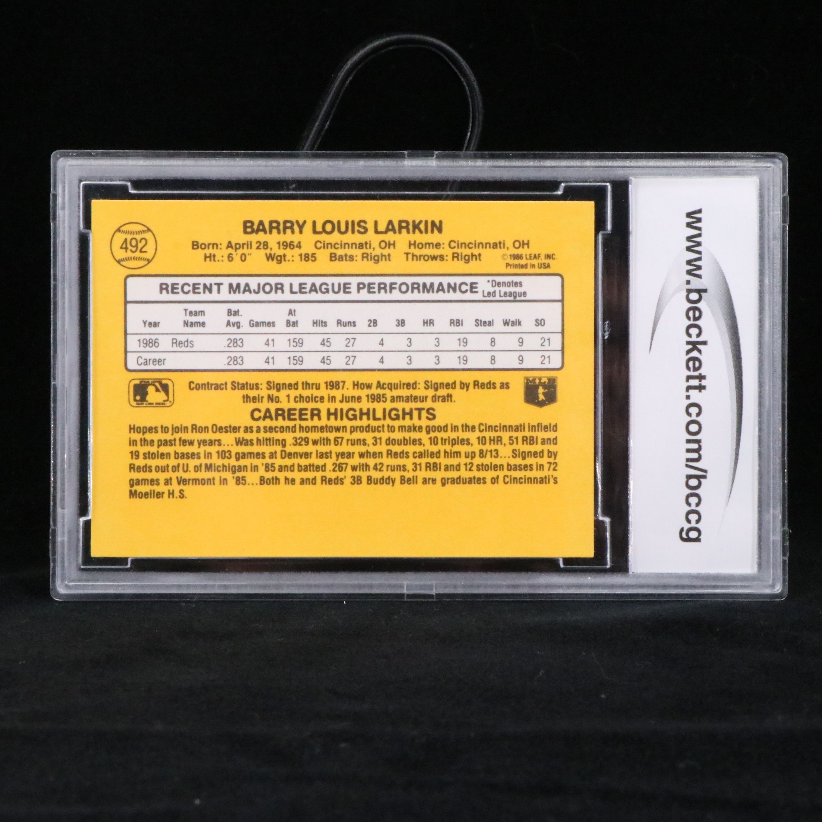 1987 Donruss Barry Larkin Cincinnati Reds Rookie Baseball Card Graded BCCG 10