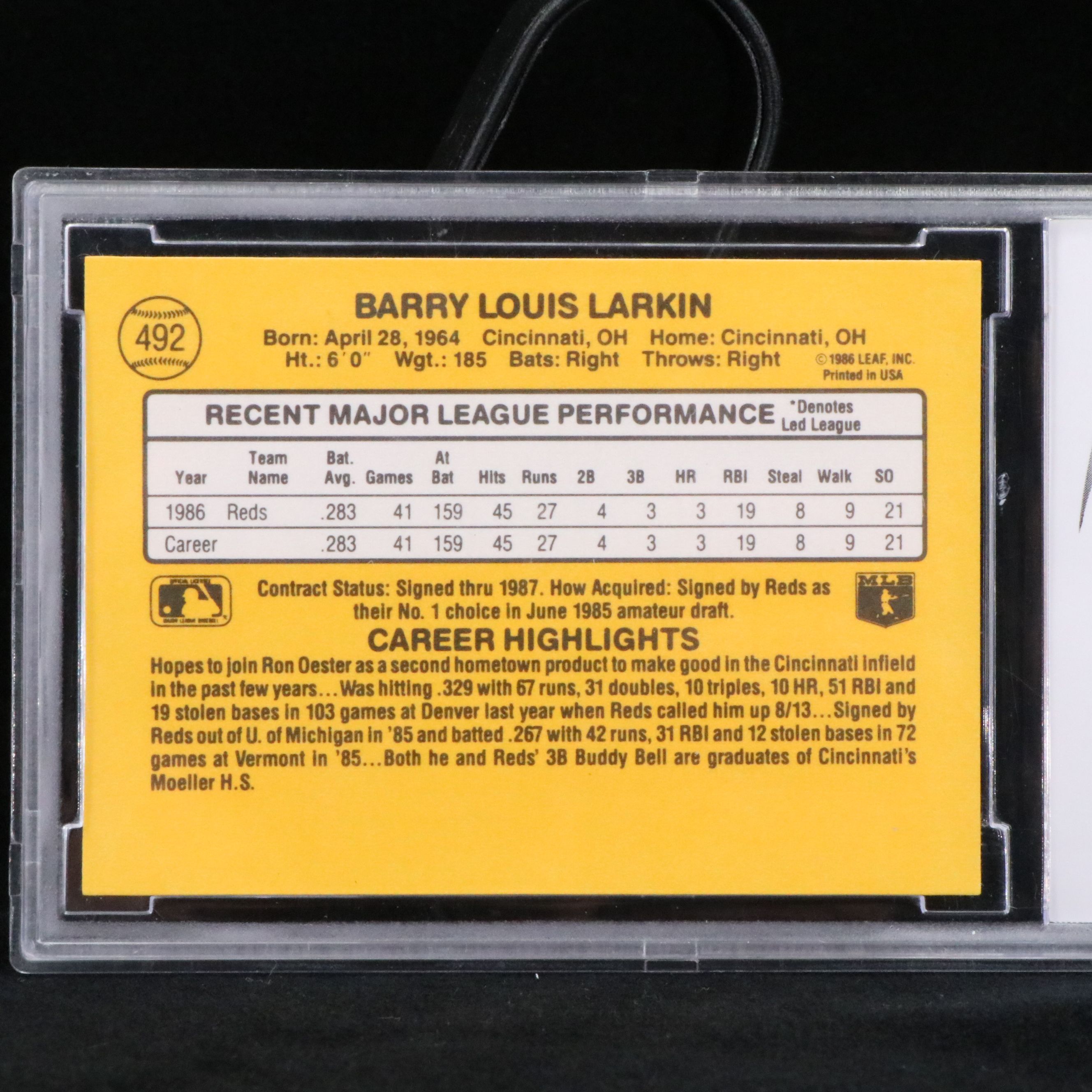 1987 Donruss Barry Larkin Cincinnati Reds Rookie Baseball Card Graded BCCG 10