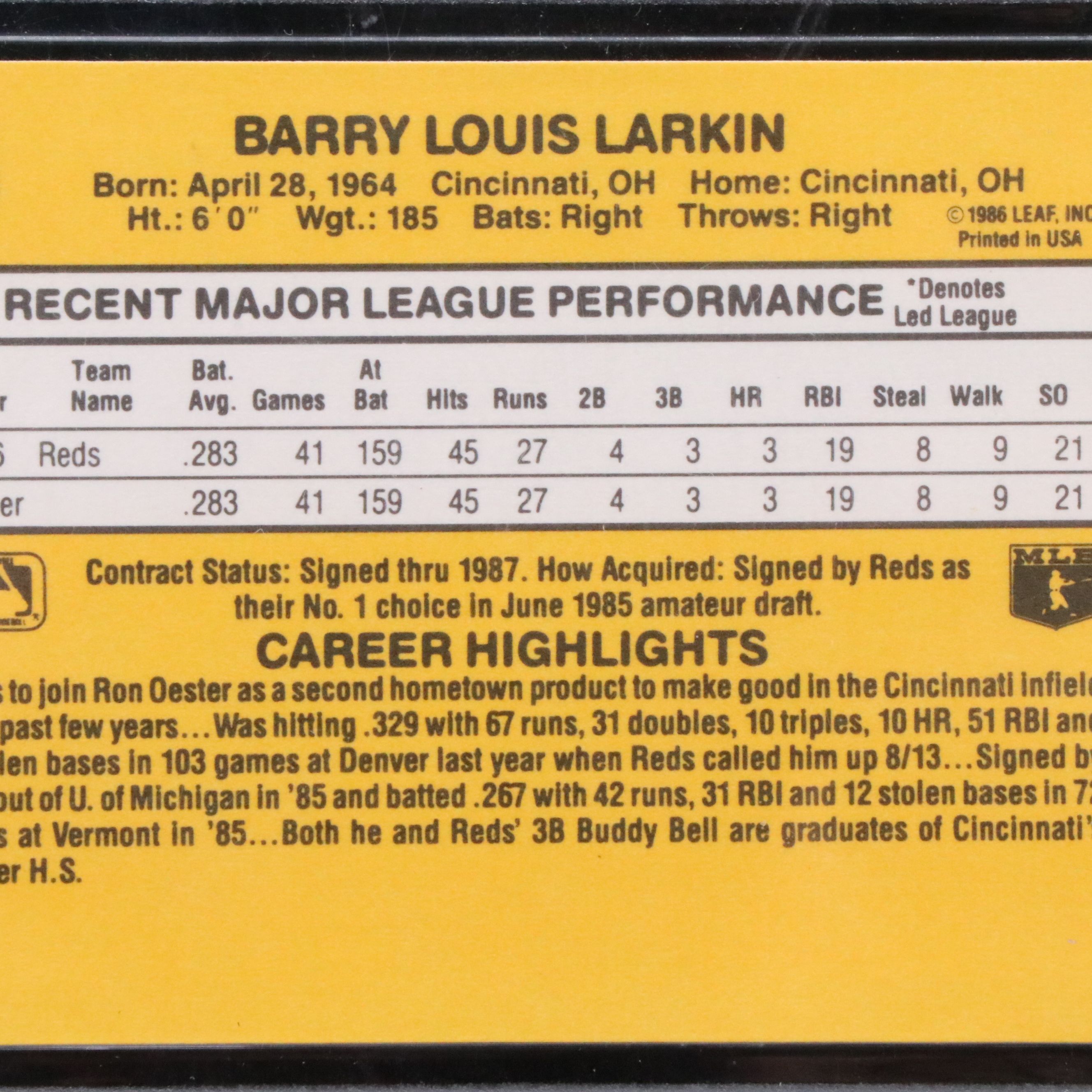 1987 Donruss Barry Larkin Cincinnati Reds Rookie Baseball Card Graded BCCG 10