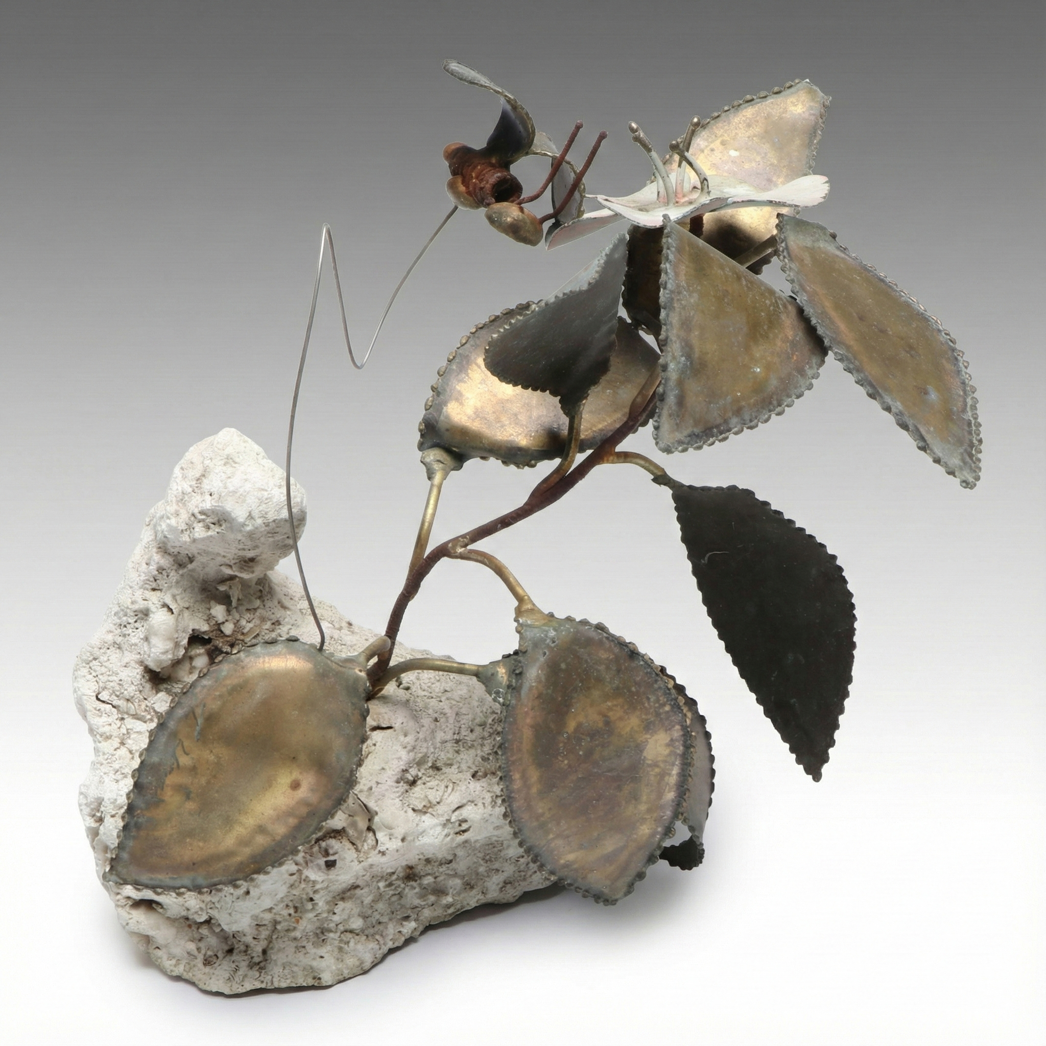 Wrought Metal Flower and Insect Sculpture on Stone Base