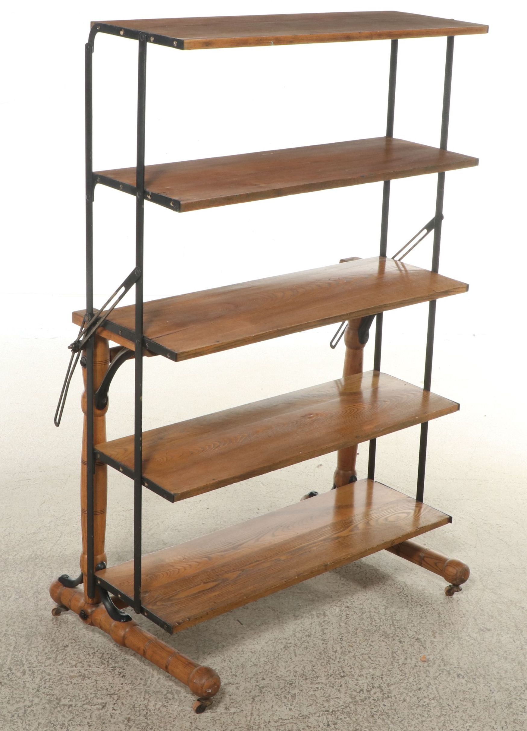 Vintage Industrial Iron Framed Oak Open Baker's Rack/Table on Casters