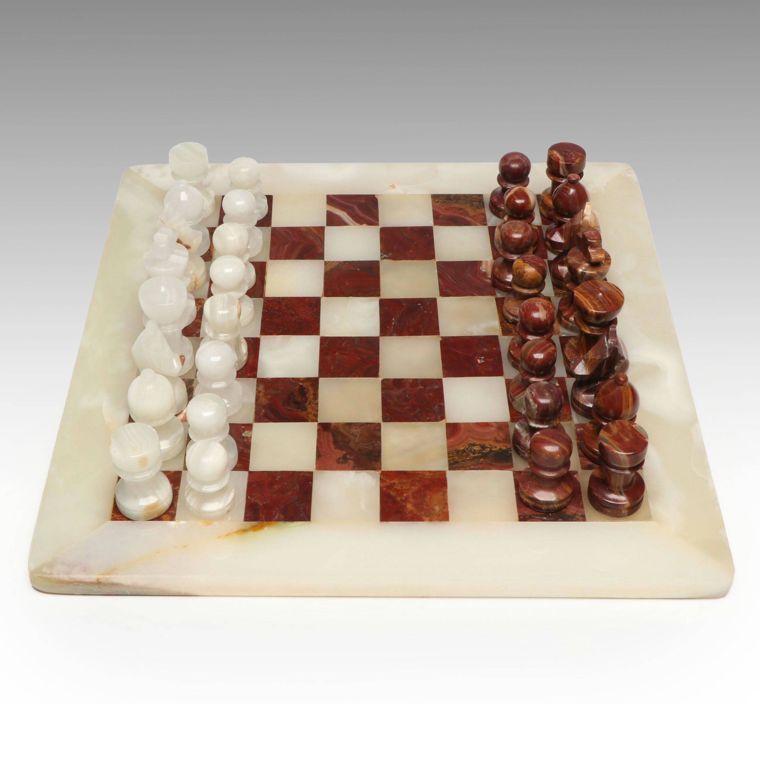 Carved Marble and Onyx Chess Set with Presentation Box