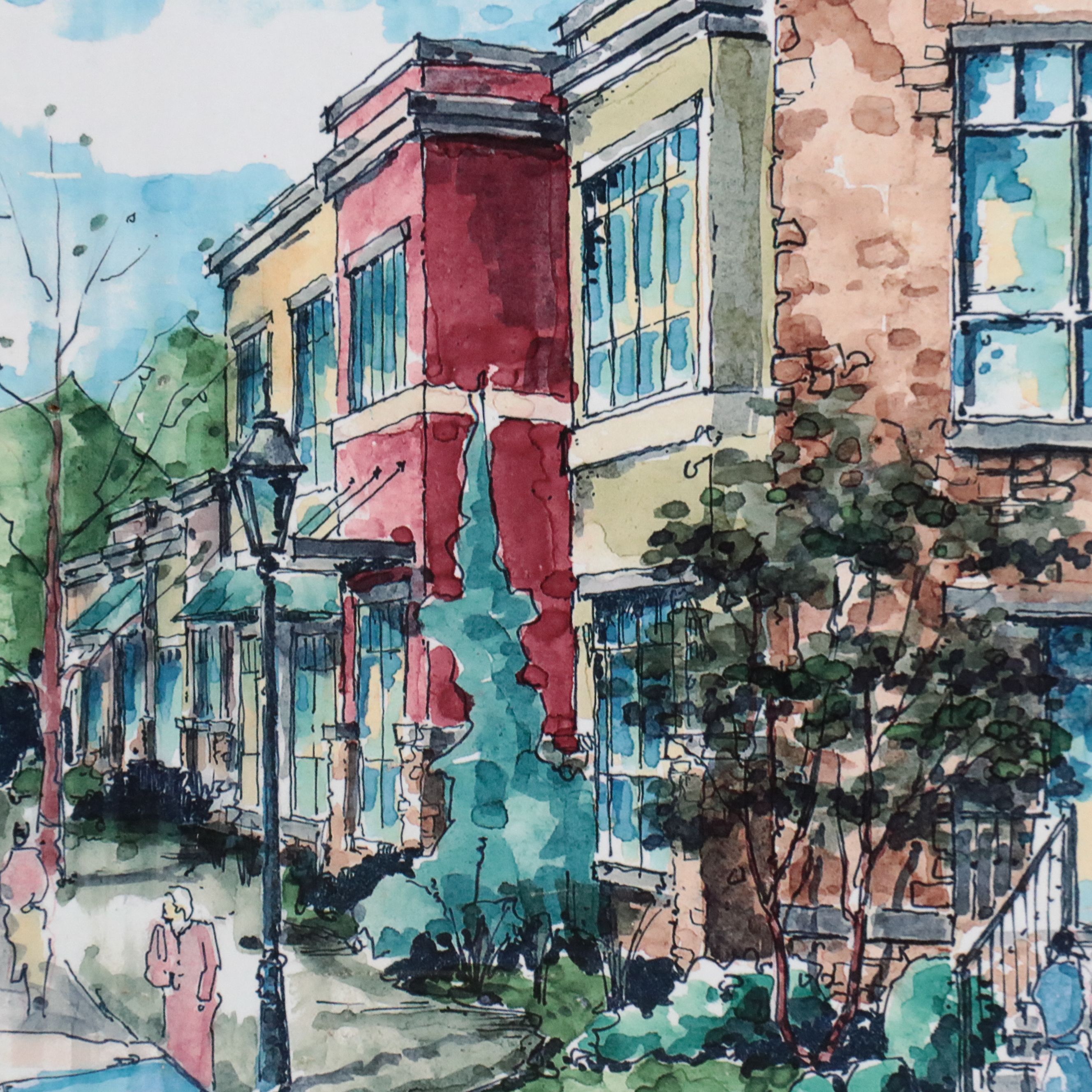 Digital Halftone Print Rendering of Urban Townhouses, Late 20th Century