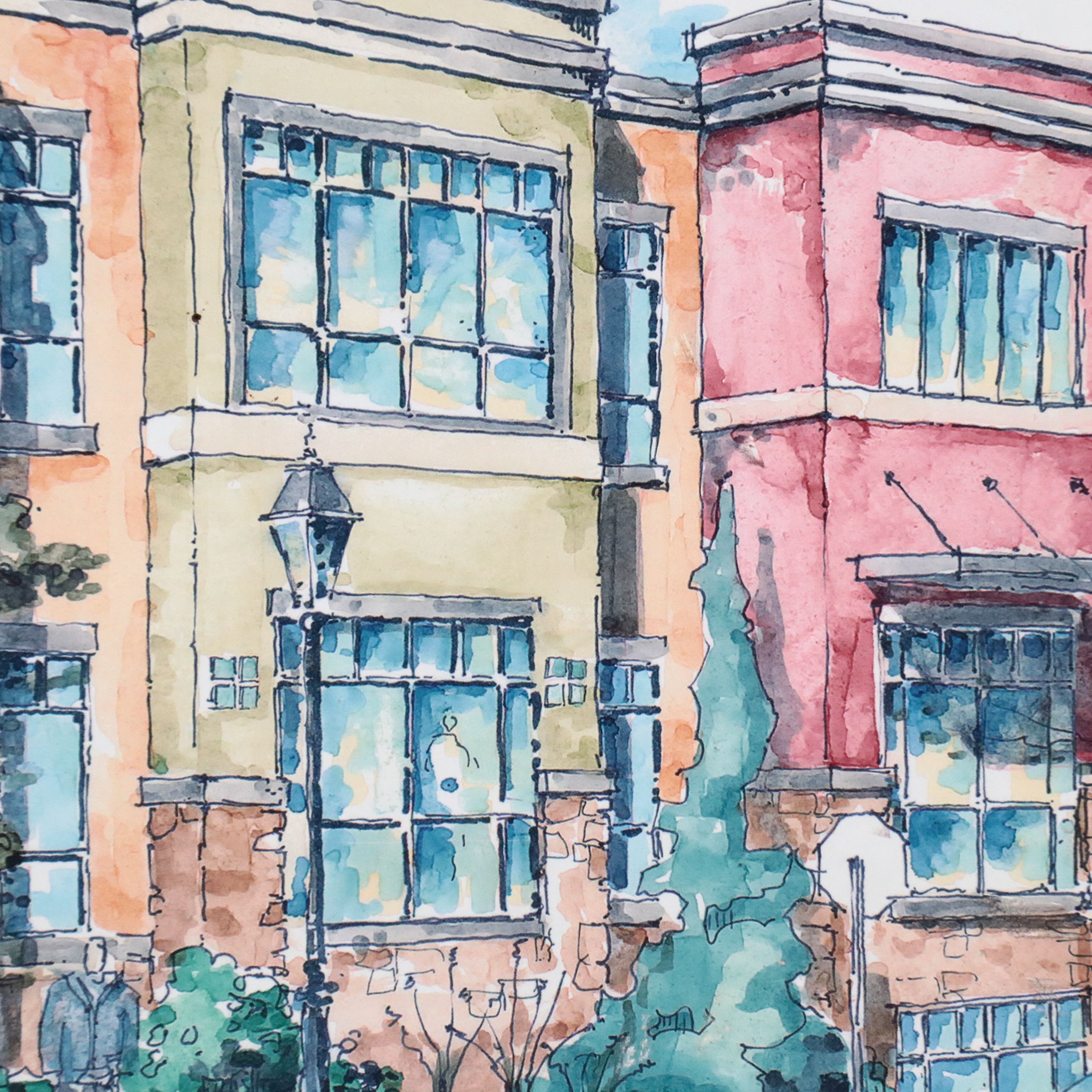 Digital Halftone Print Rendering of Urban Townhouses, Late 20th Century