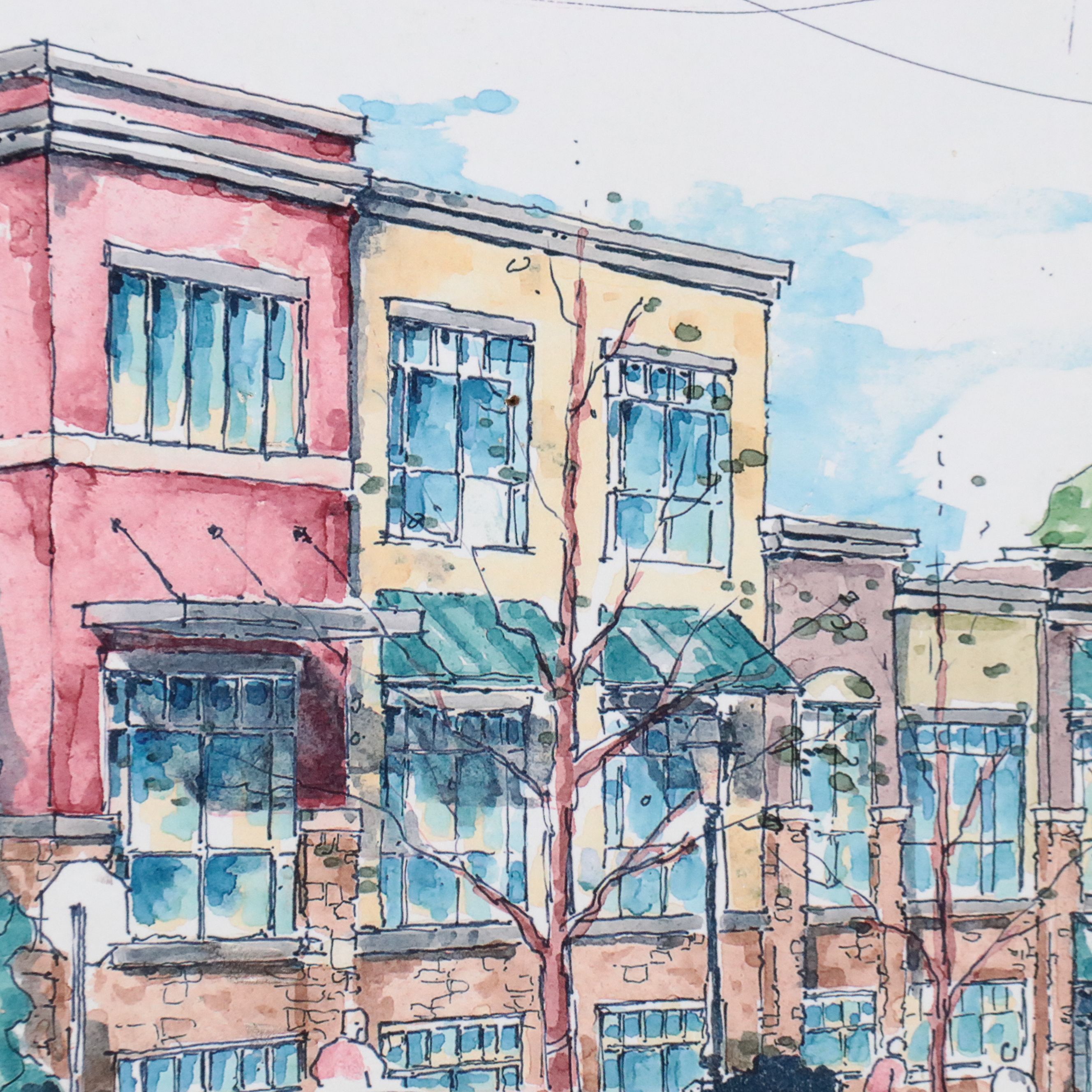 Digital Halftone Print Rendering of Urban Townhouses, Late 20th Century