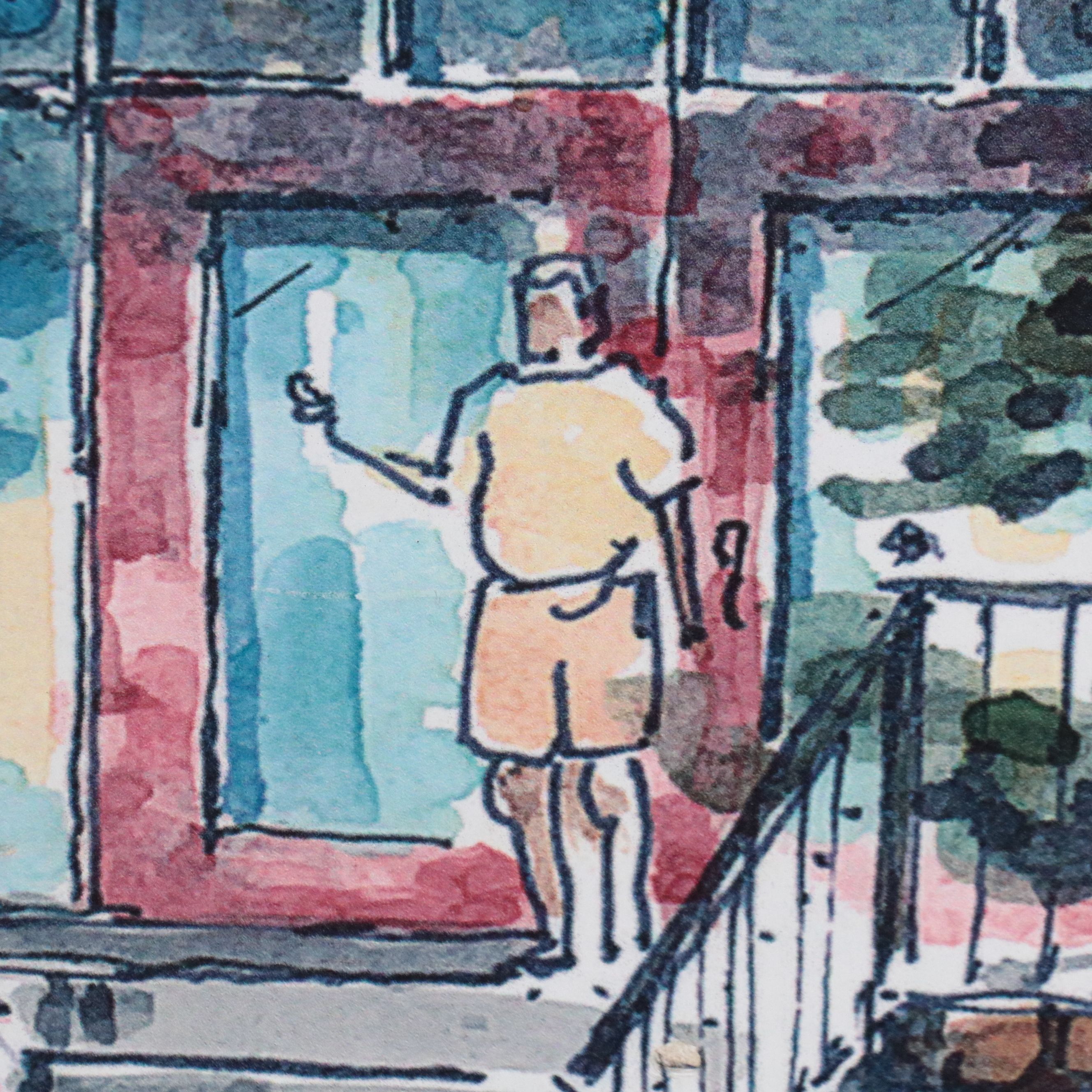 Digital Halftone Print Rendering of Urban Townhouses, Late 20th Century