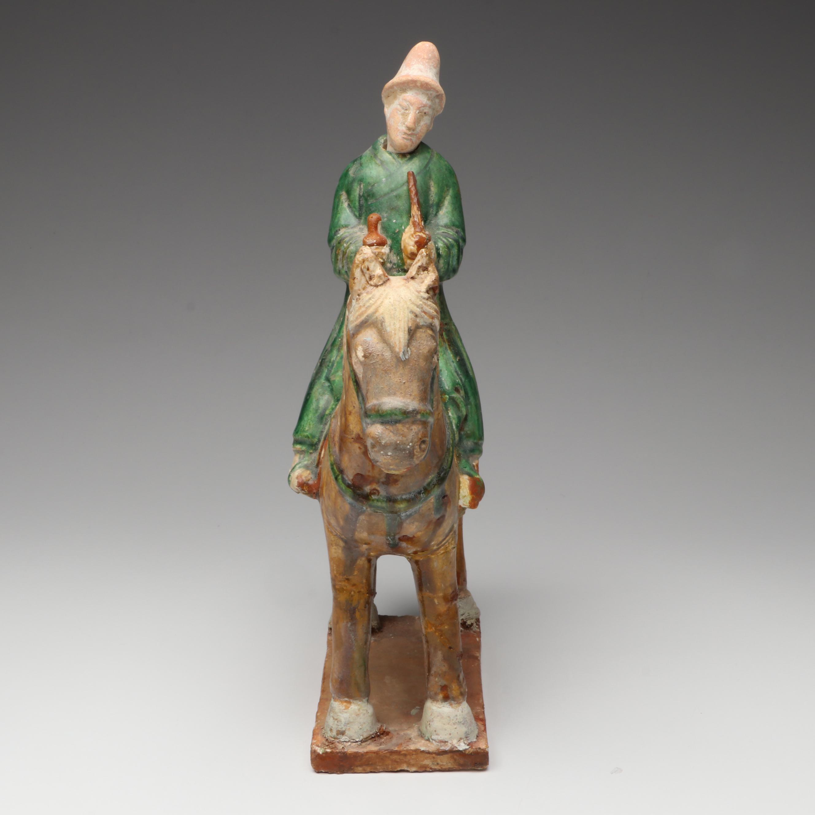 Ming Dynasty Style Sancai Glaze Ceramic Horseman and Other Votive Figures