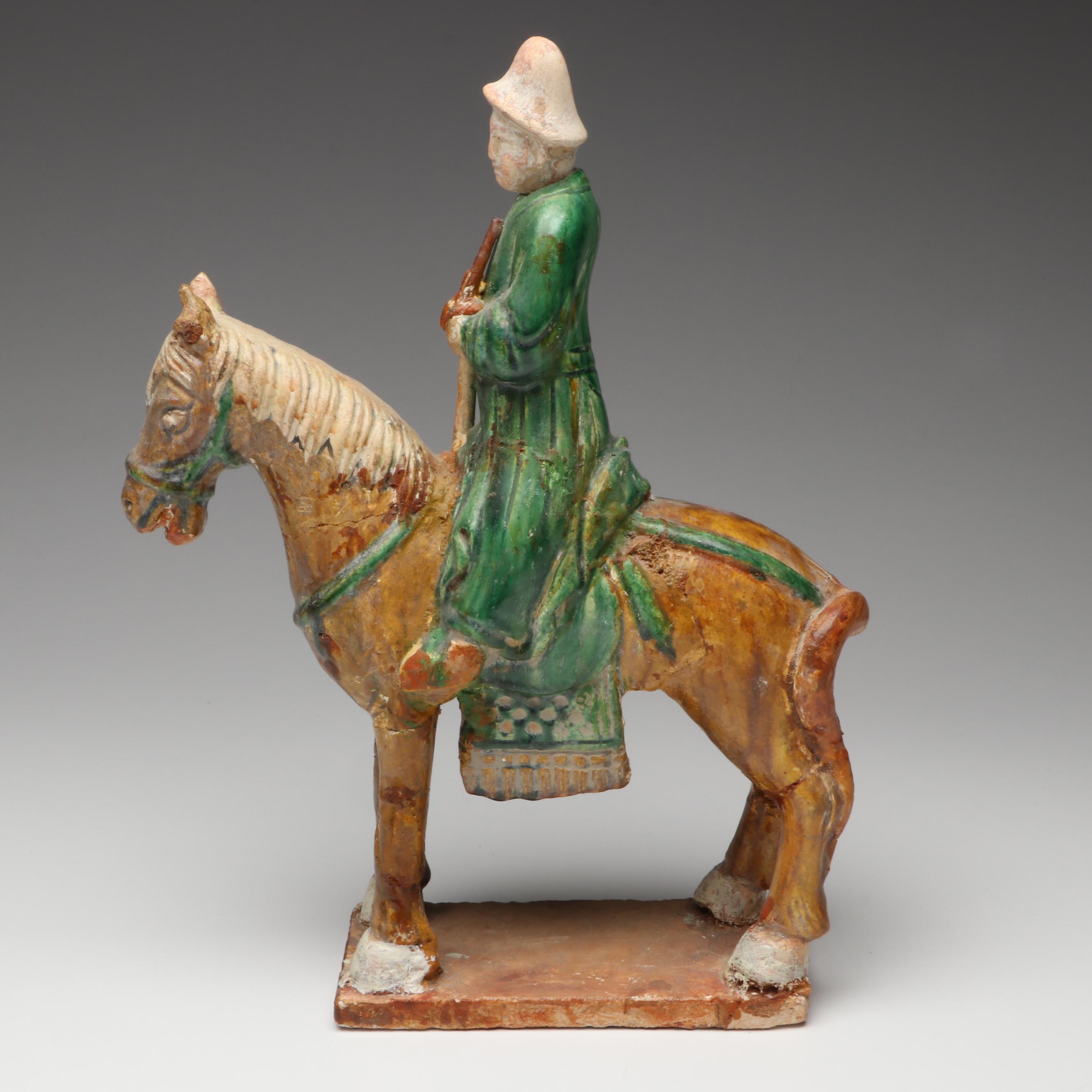 Ming Dynasty Style Sancai Glaze Ceramic Horseman and Other Votive Figures