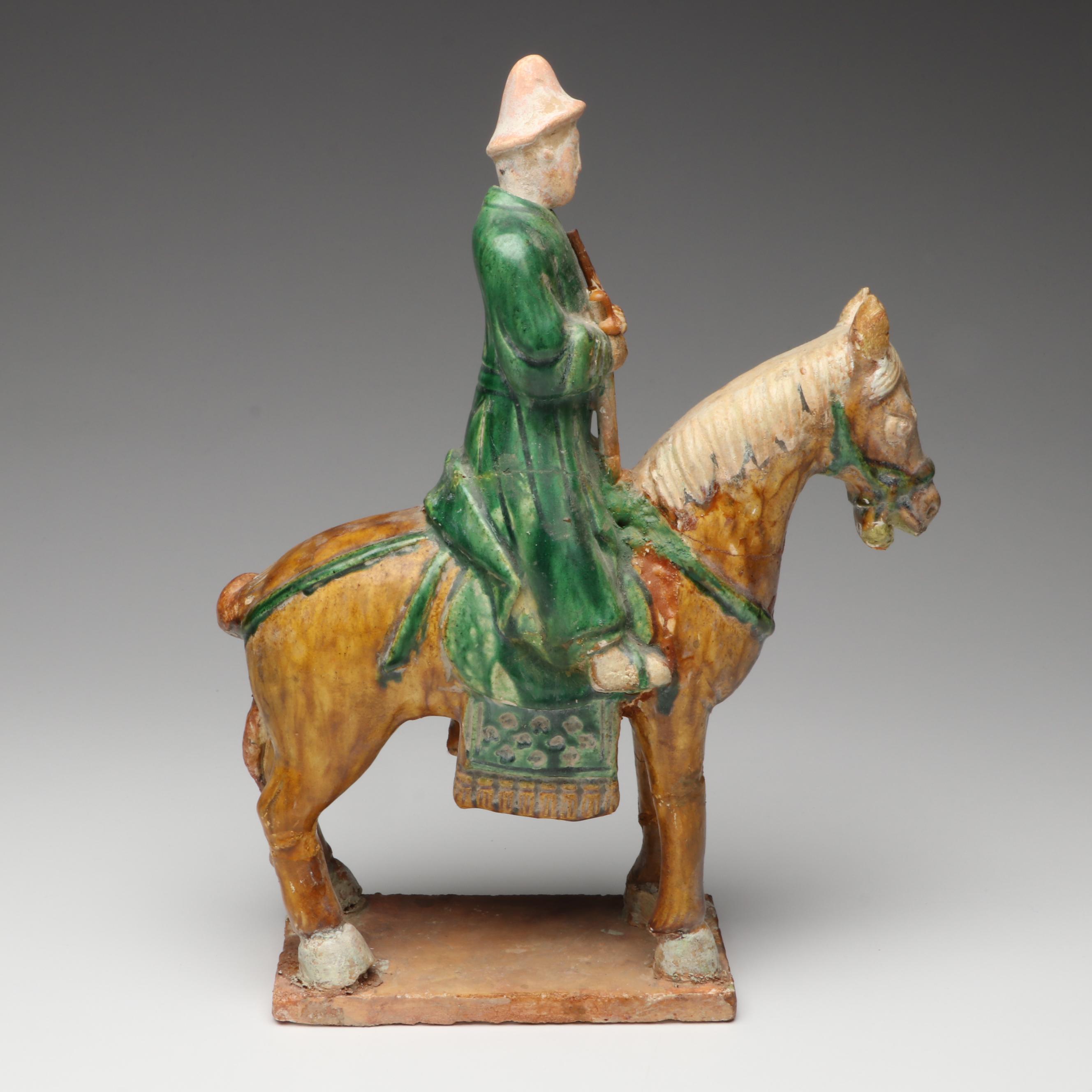 Ming Dynasty Style Sancai Glaze Ceramic Horseman and Other Votive Figures
