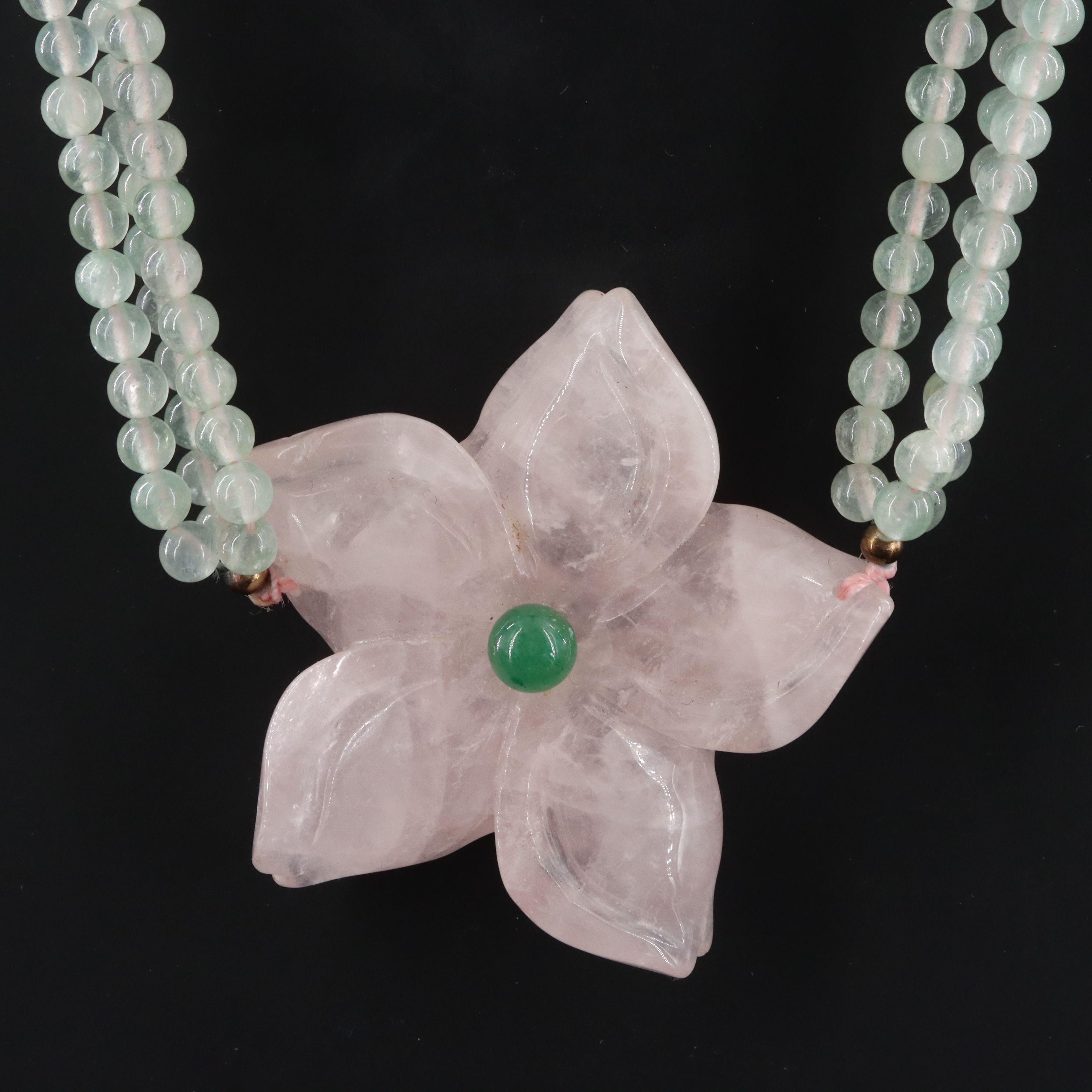Rose Quartz and Aventurine Carved Flower Necklace