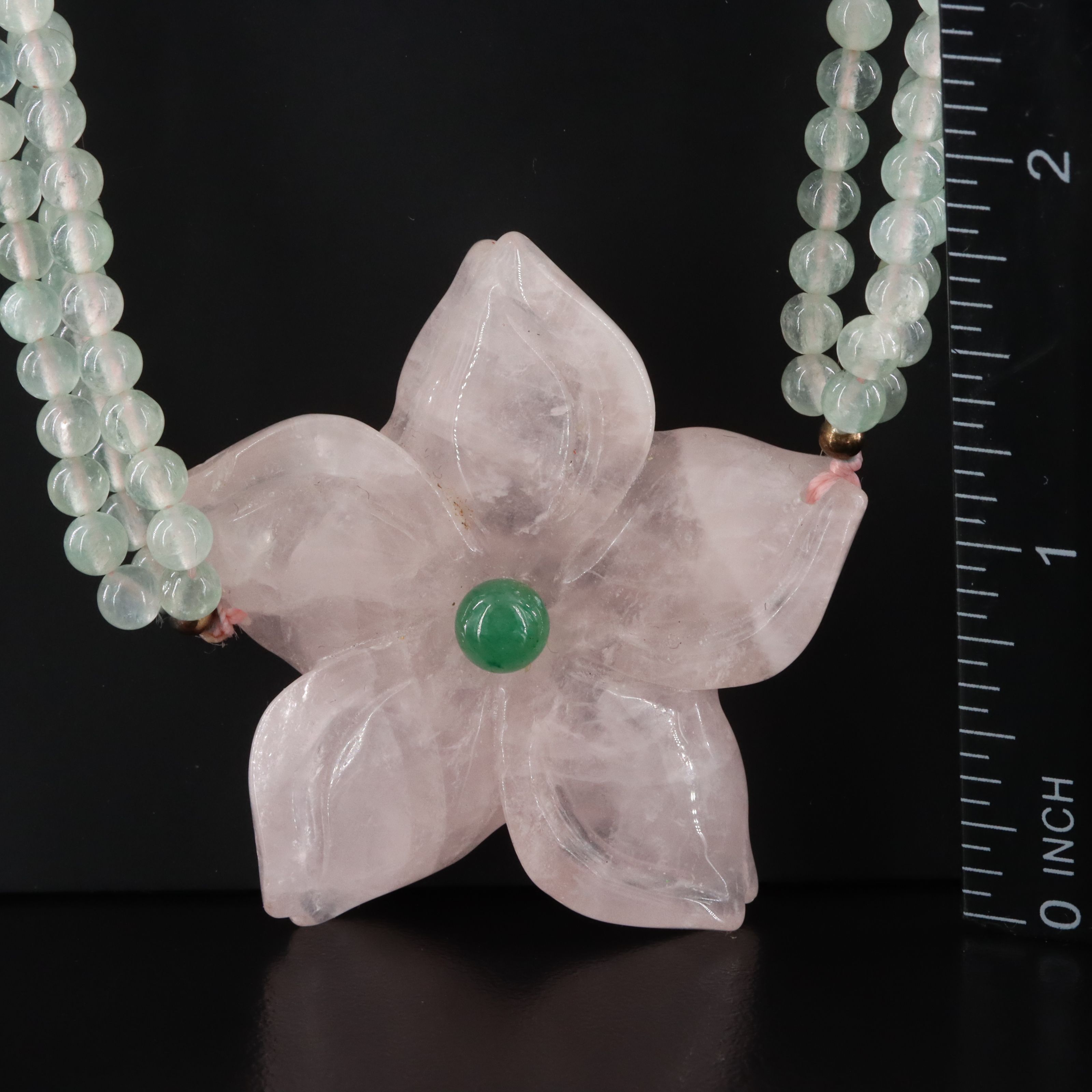 Rose Quartz and Aventurine Carved Flower Necklace
