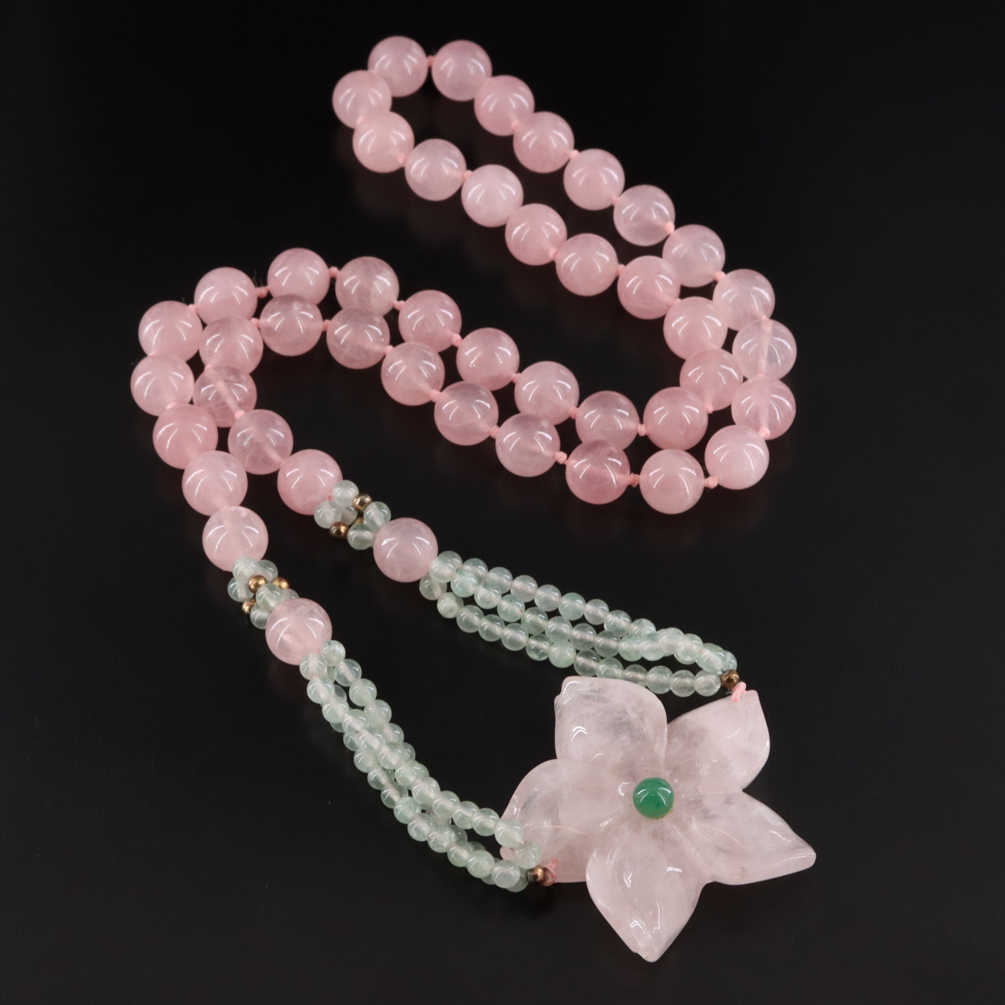 Rose Quartz and Aventurine Carved Flower Necklace