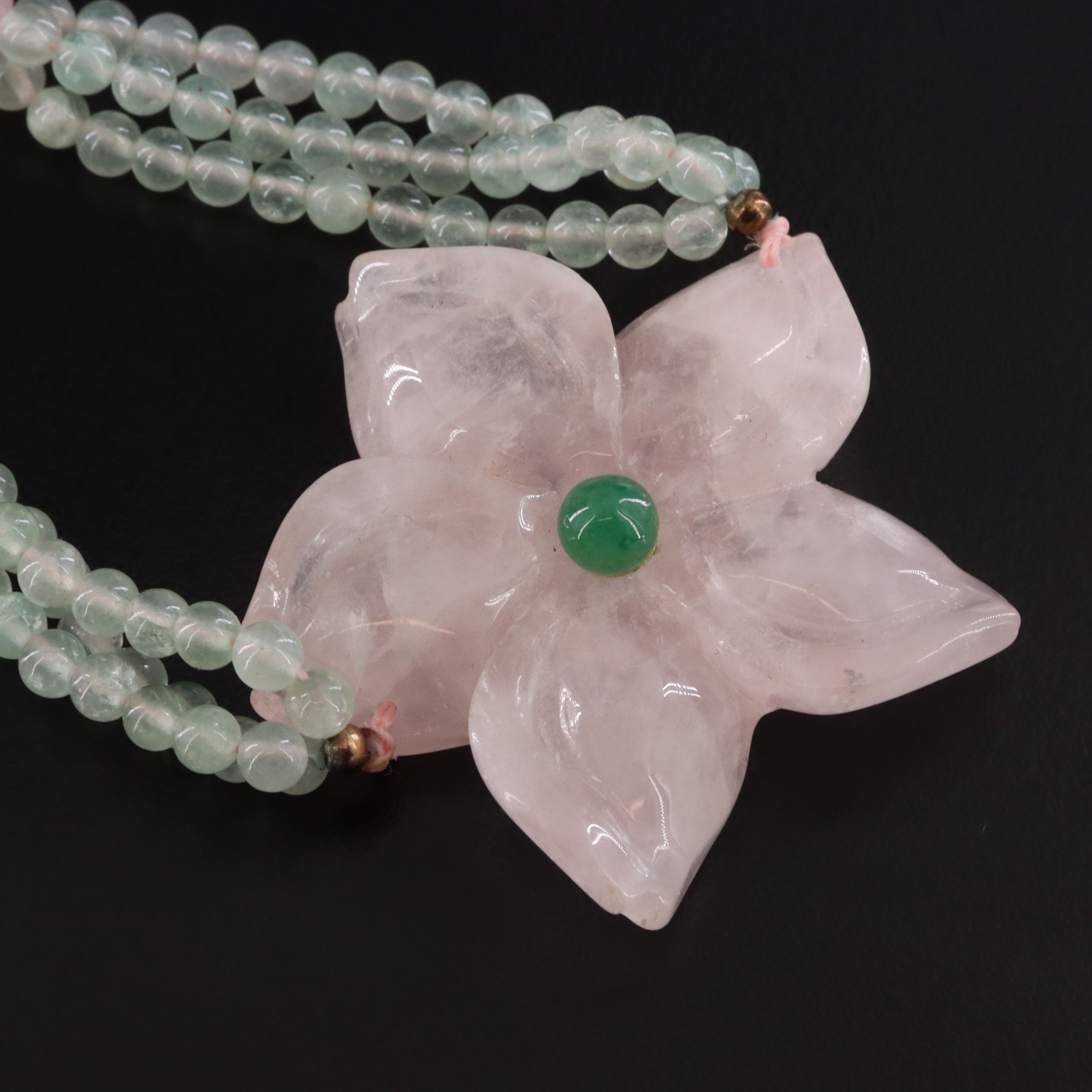 Rose Quartz and Aventurine Carved Flower Necklace