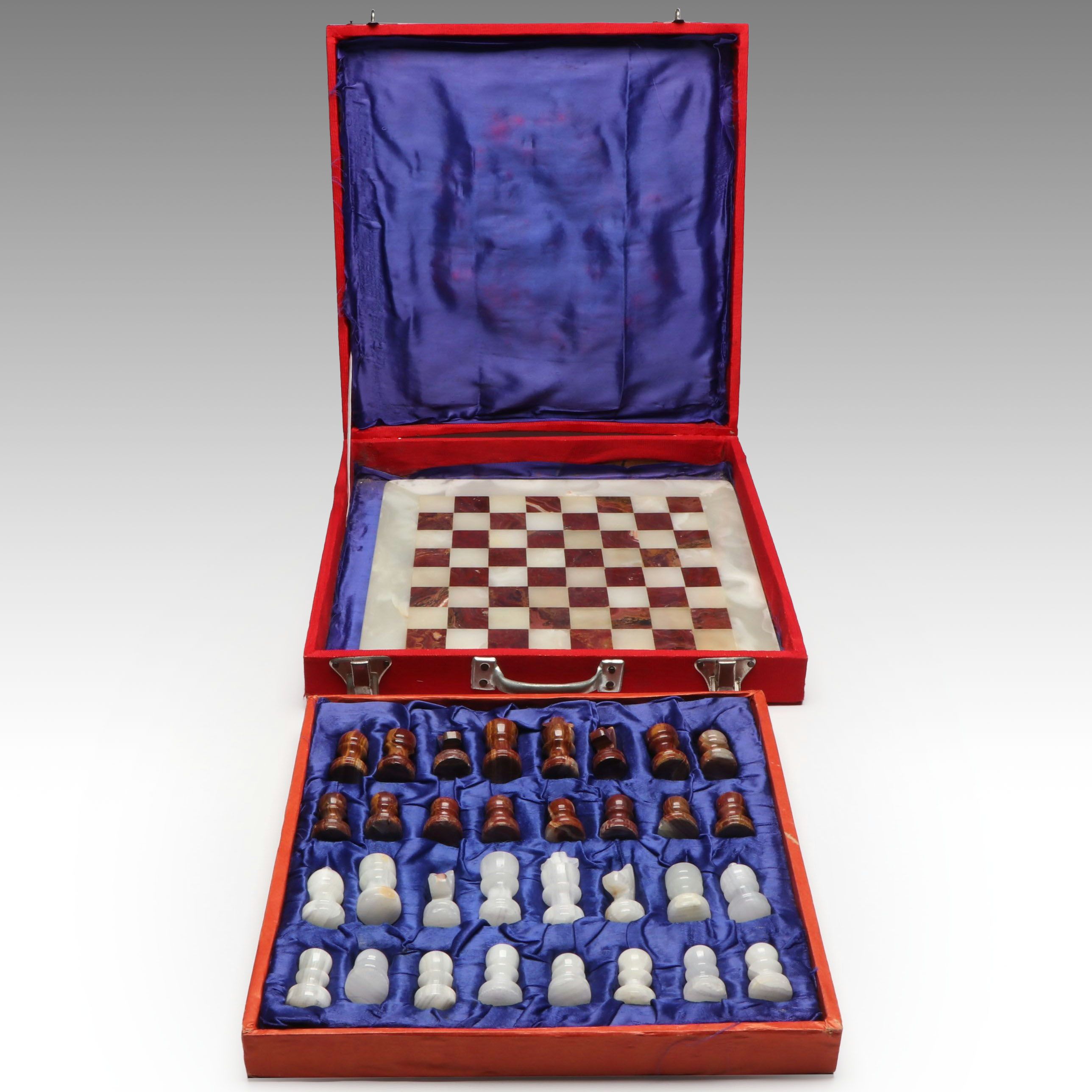 Carved Marble and Onyx Chess Set with Presentation Box