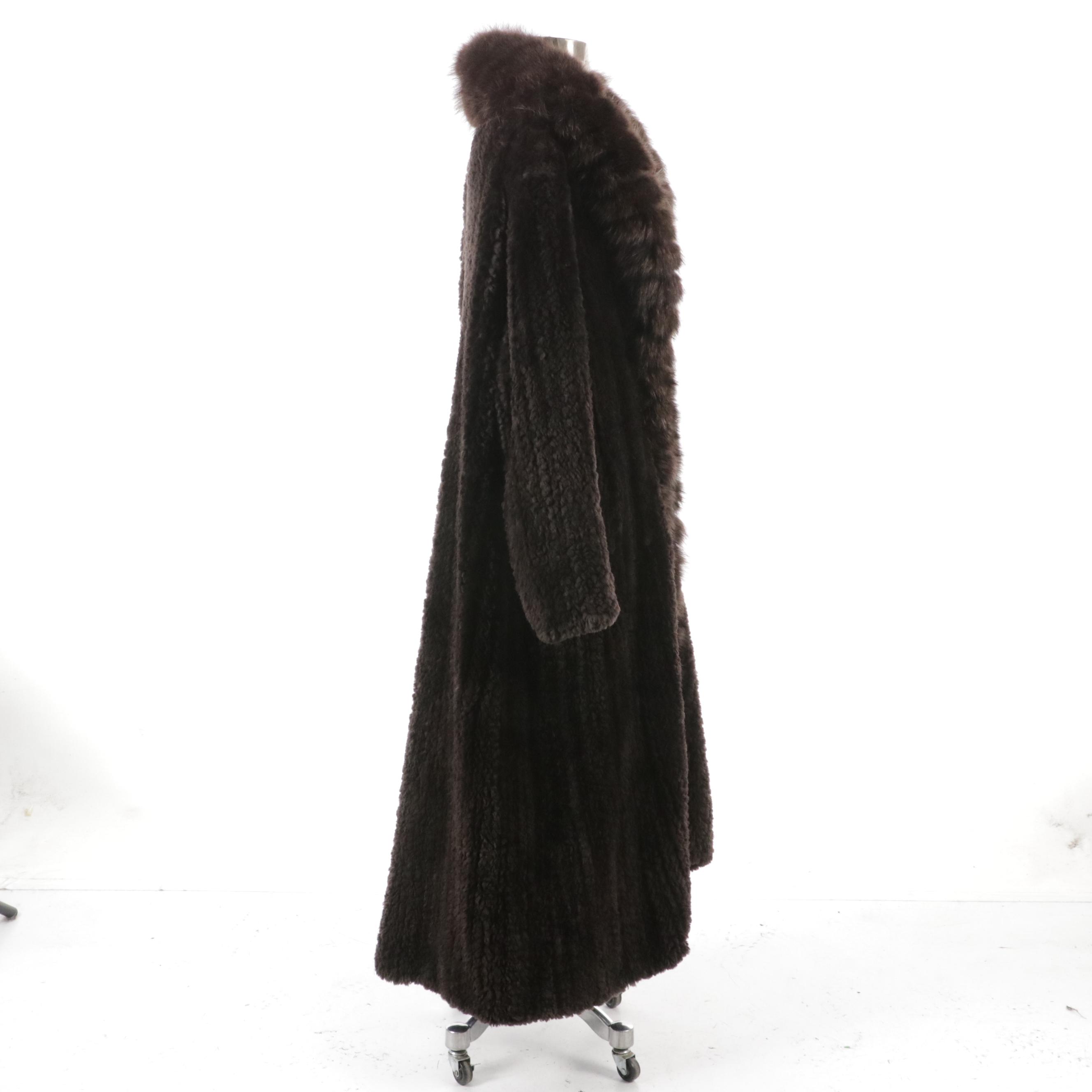 Paula Lishman Walnut Brown Flat Knit Beaver Fur Long Coat with Raccoon Fur Trim