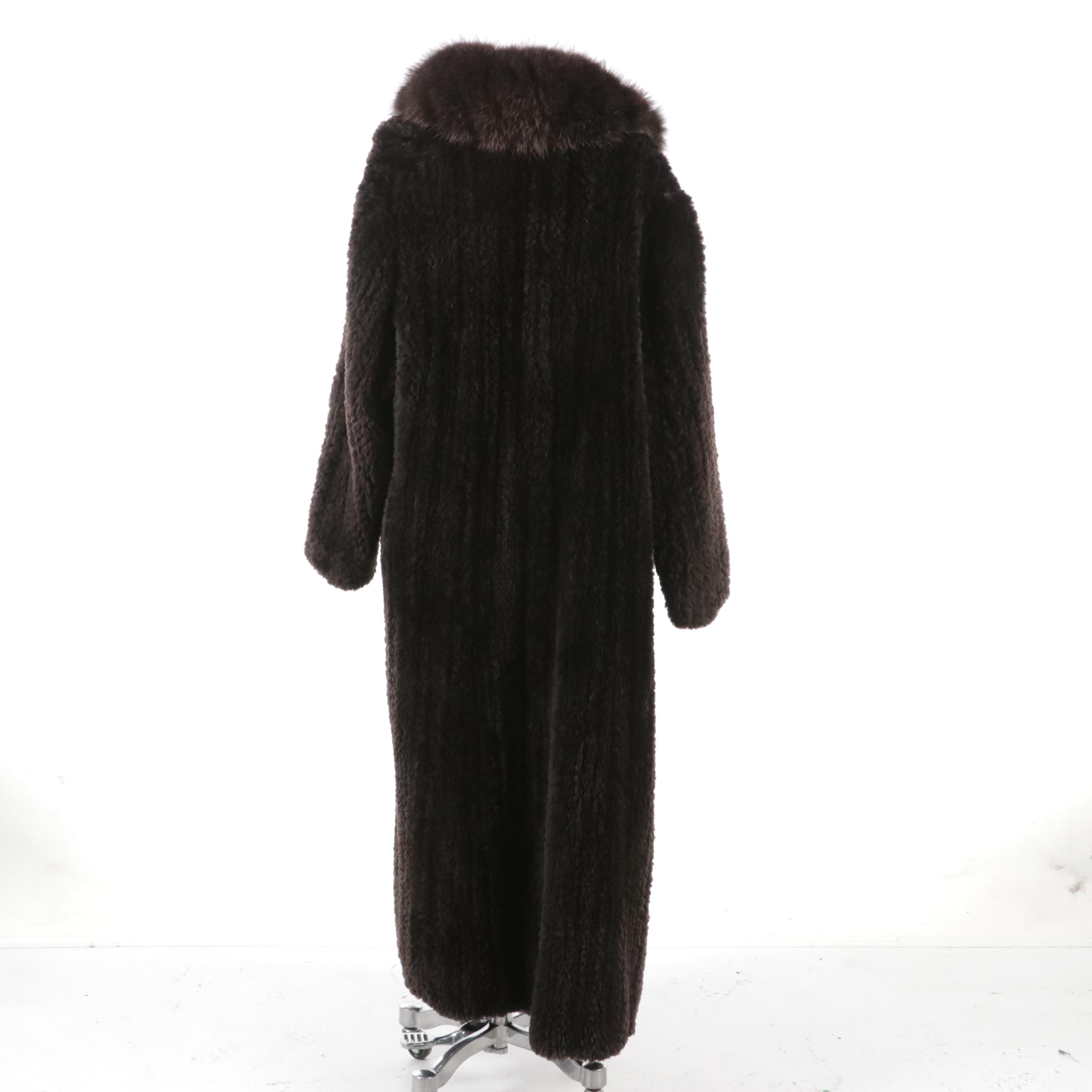 Paula Lishman Walnut Brown Flat Knit Beaver Fur Long Coat with Raccoon Fur Trim