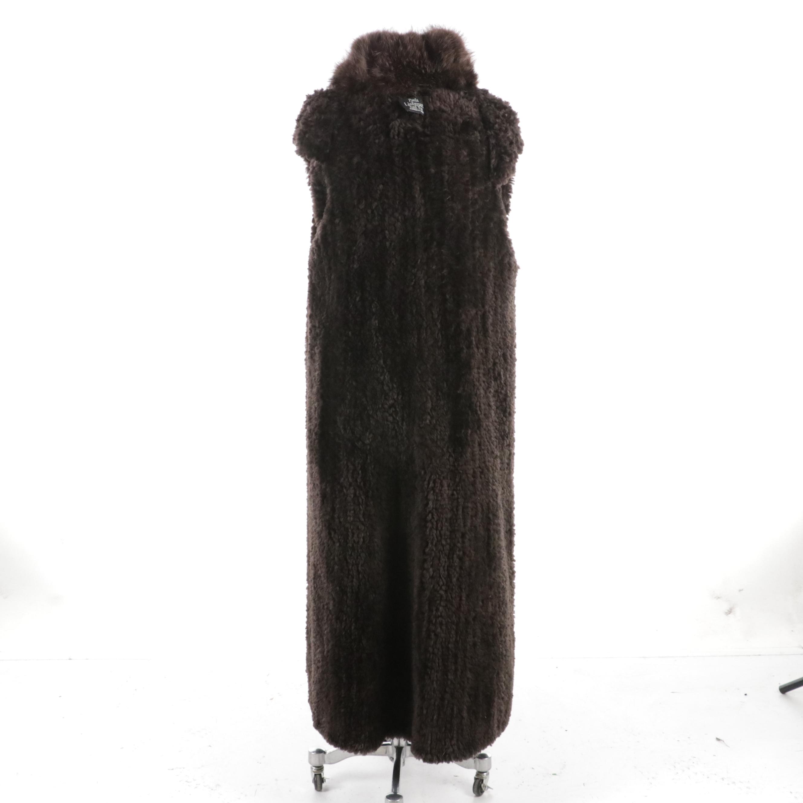 Paula Lishman Walnut Brown Flat Knit Beaver Fur Long Coat with Raccoon Fur Trim