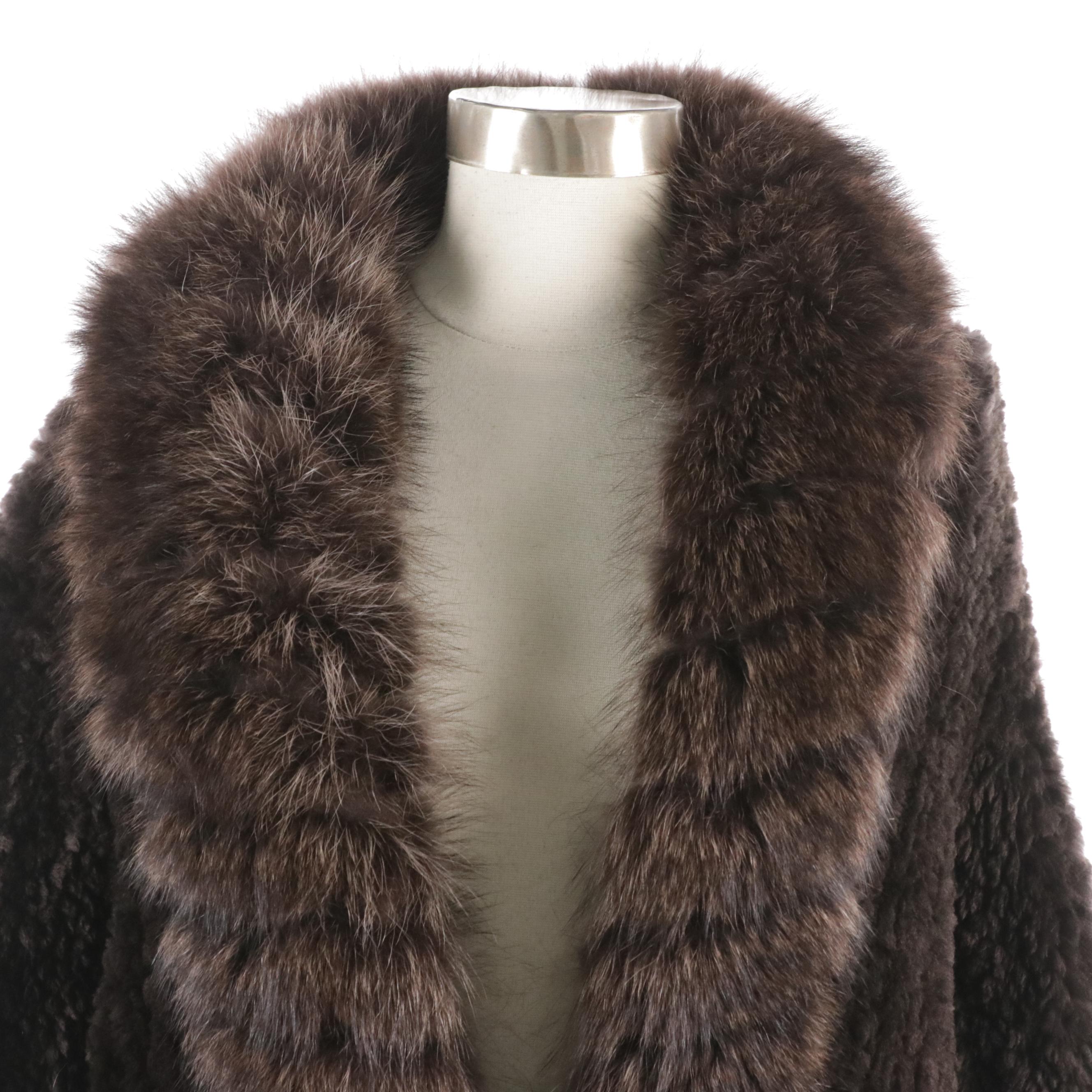 Paula Lishman Walnut Brown Flat Knit Beaver Fur Long Coat with Raccoon Fur Trim