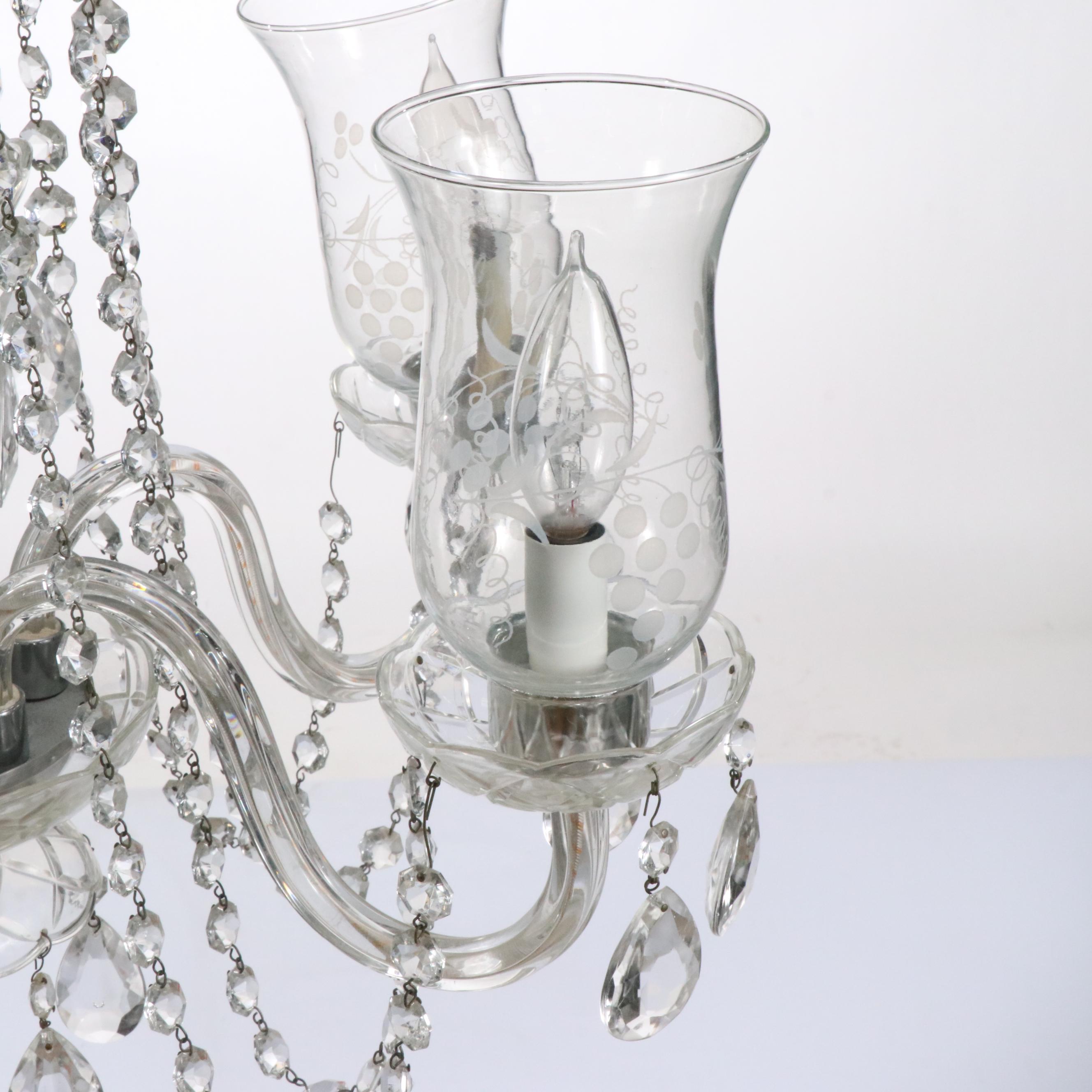 Venetian Style Five-Arm Chandelier with Etched Glass Hurricanes