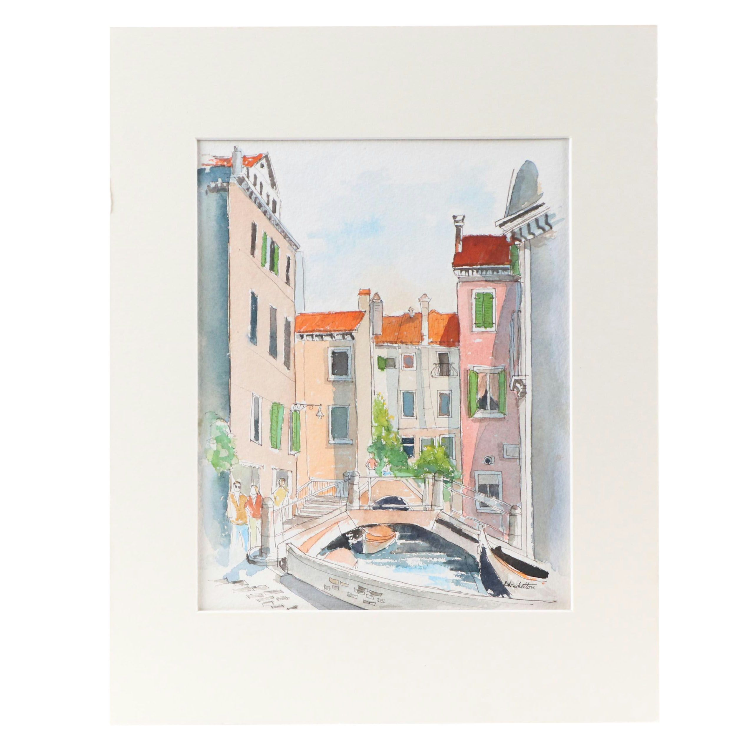Bob Shelton Watercolor Painting of Small Venetian Bridge, 21st Century