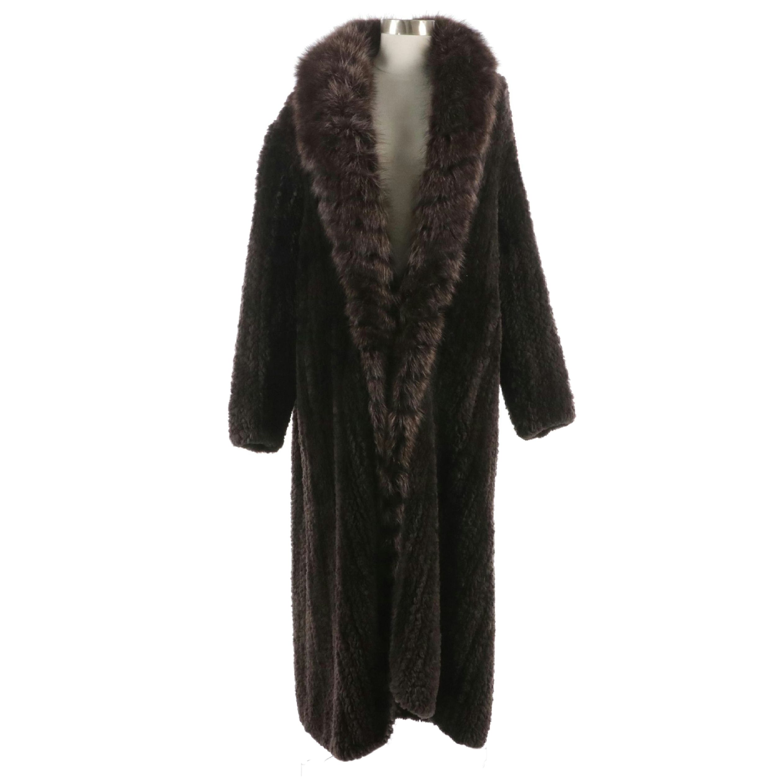 Paula Lishman Walnut Brown Flat Knit Beaver Fur Long Coat with Raccoon Fur Trim