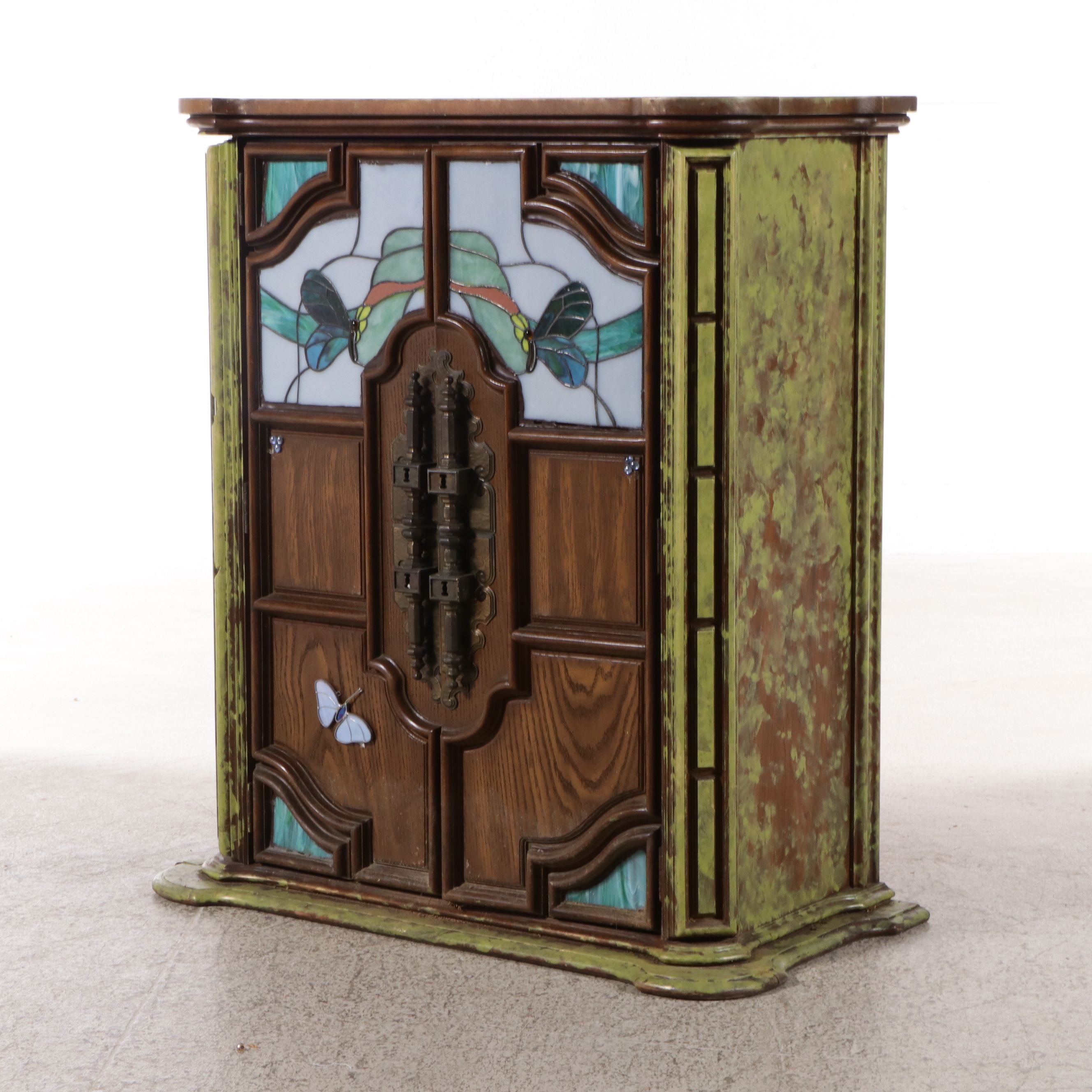 Art Nouveau Style Paint-Decorated Cabinet with Stained Glass Doors
