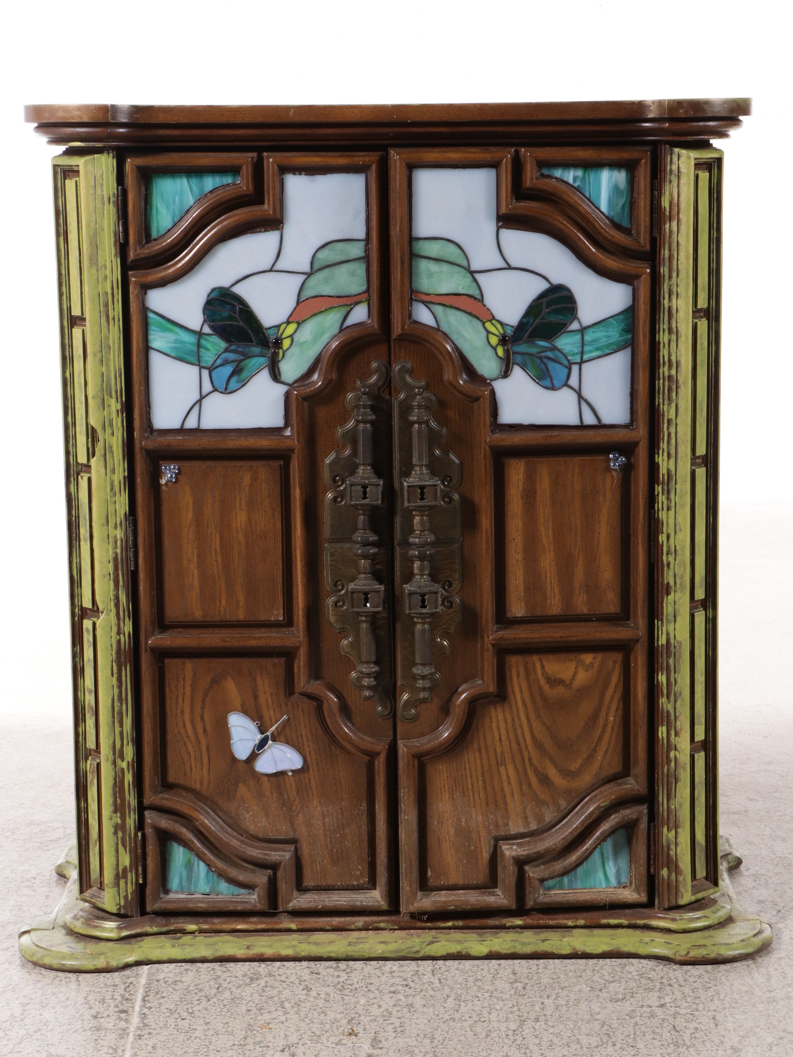 Art Nouveau Style Paint-Decorated Cabinet with Stained Glass Doors