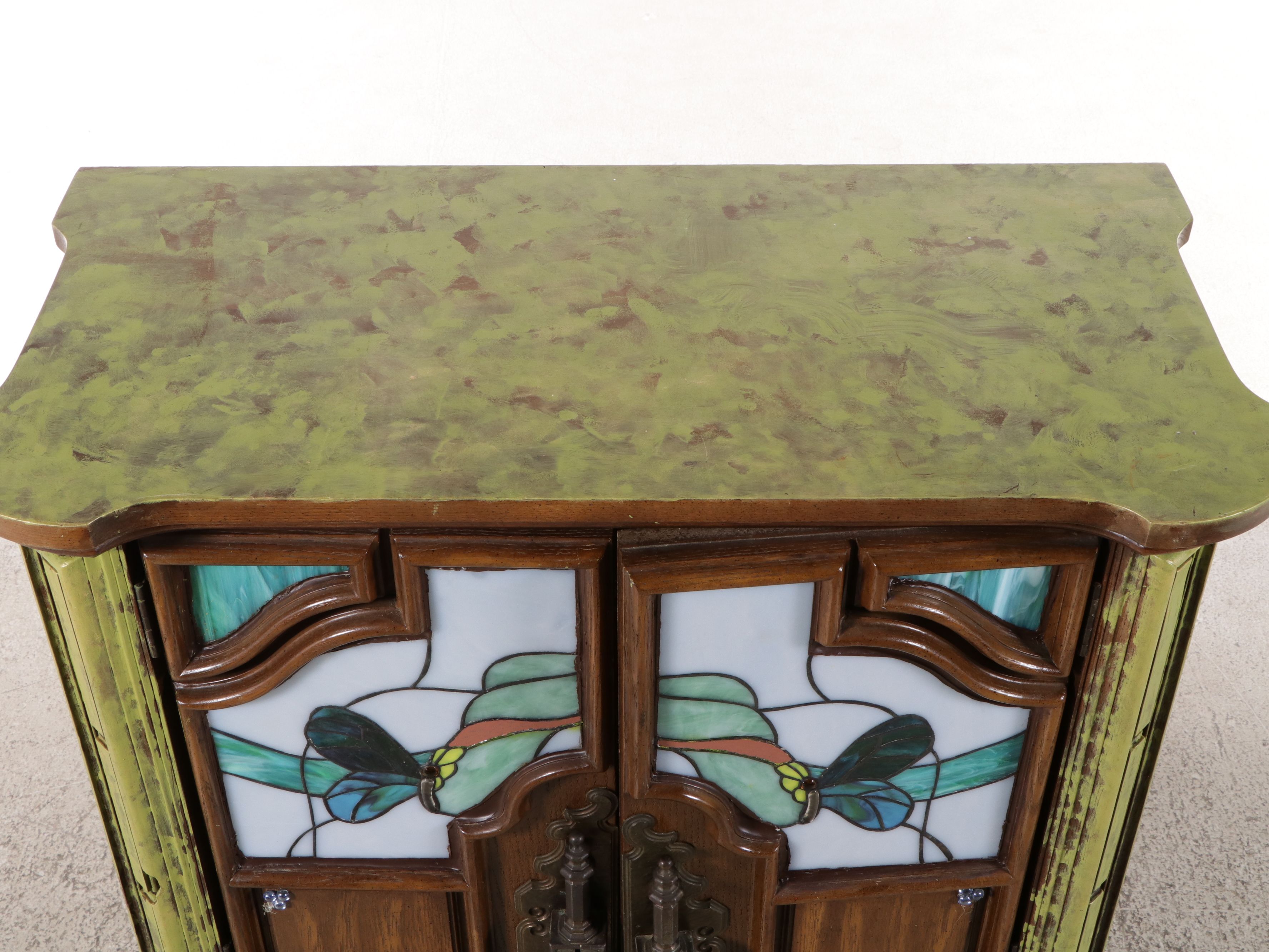 Art Nouveau Style Paint-Decorated Cabinet with Stained Glass Doors